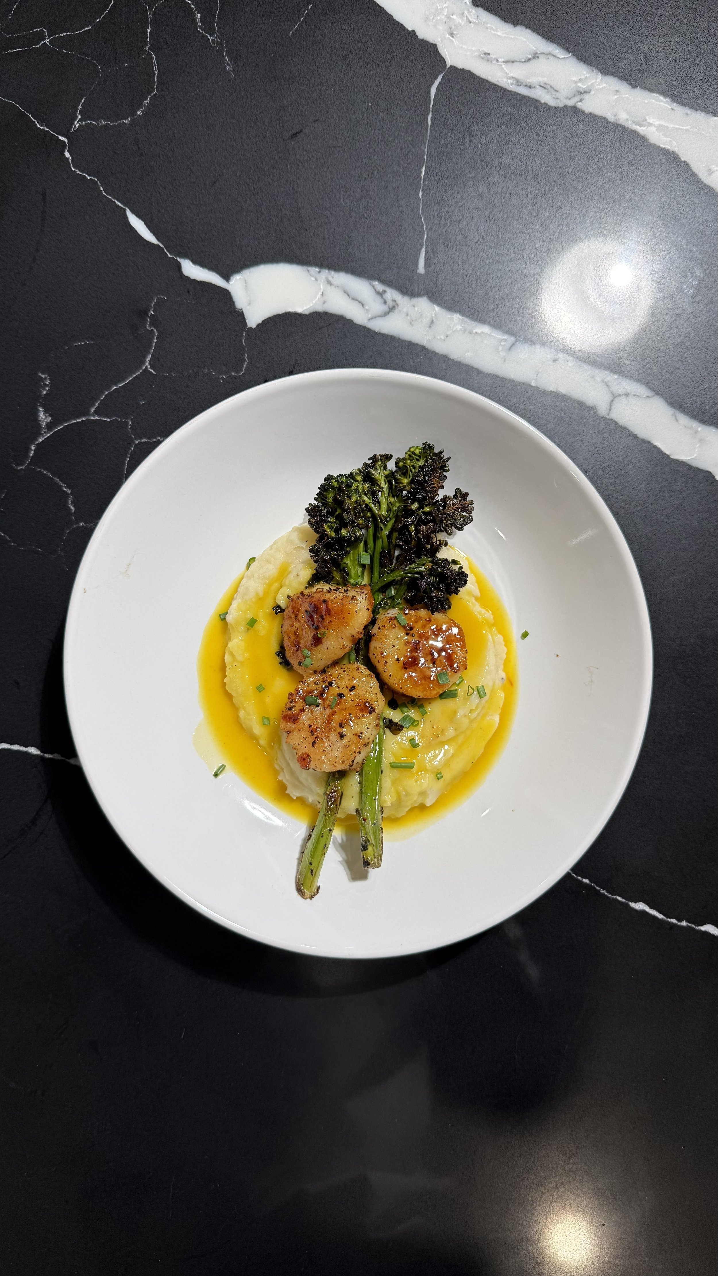 Recipe: Pan-Seared Scallops with Mashed Potatoes, Broccolini &amp; Saffron Beurre Blanc
