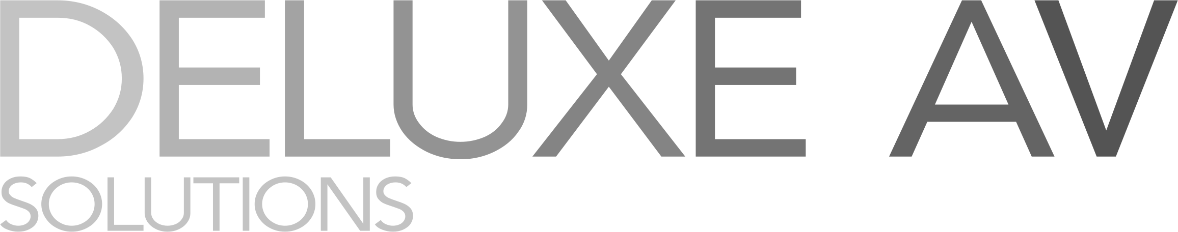 Logo for Deluxe AV Solutions with large gray letters DELUXE AV and smaller white letters SOLUTIONS