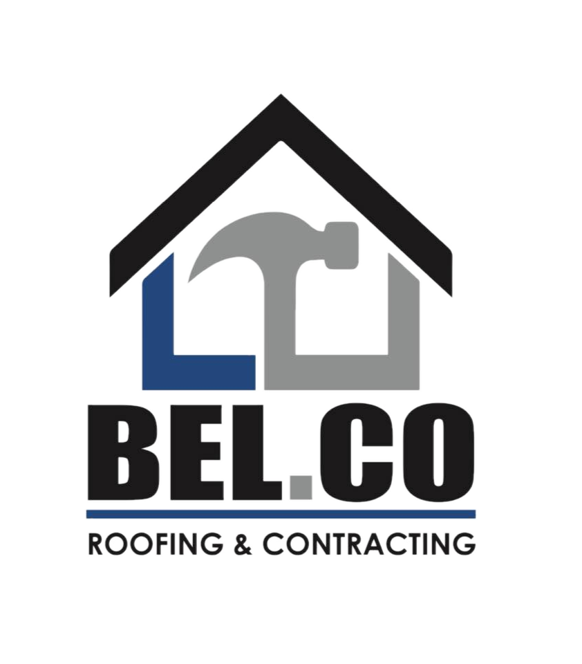 Logo for Belco Roofing & Contracting featuring a house outline with a hammer integrated into the design.
