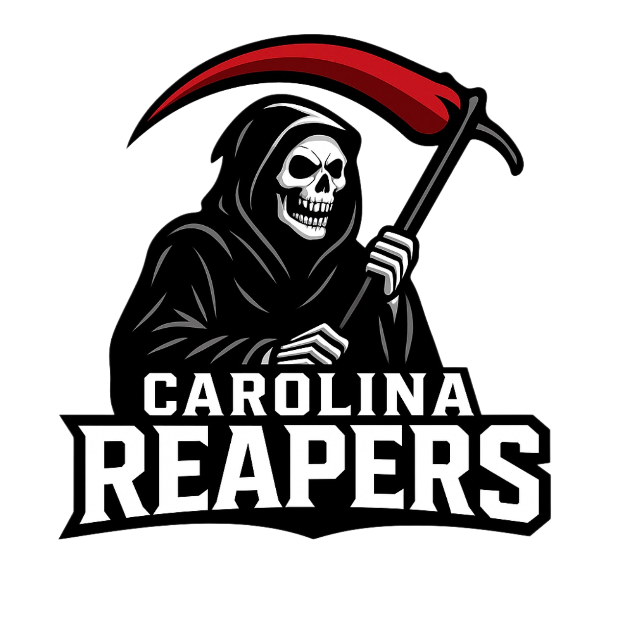 A graphic logo of a skeleton dressed in black robes, holding a red and black scythe, with the text 'Carolina Reapers' beneath.