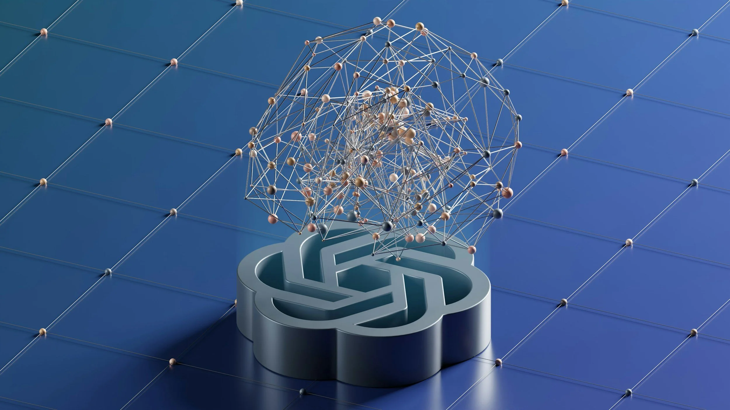 A digital illustration of a capsule with interconnected network of nodes and lines emerging from it, placed over a blue tiled surface with small spherical markers at tile intersections.
