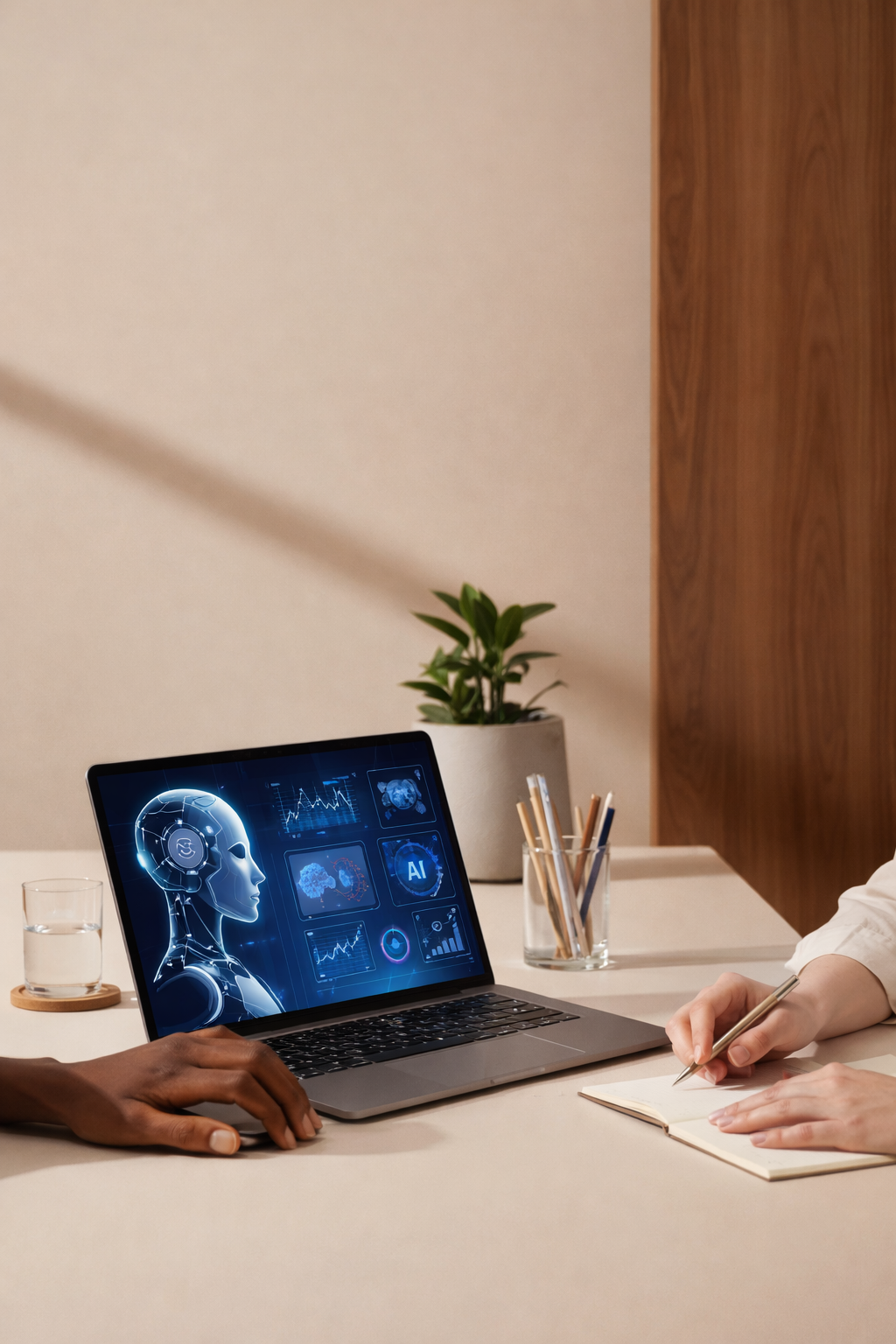 Two people working together at a desk with a laptop displaying a digital AI interface, one writing in a notebook and the other touching the laptop, with a glass of water, a plant, and a container of pens and pencils nearby.