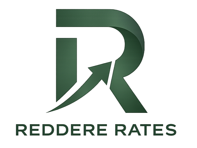 Logo with a large stylized letter 'R' in green and an upward arrow integrated into the design, with the words 'Red Deer Rates' written below.