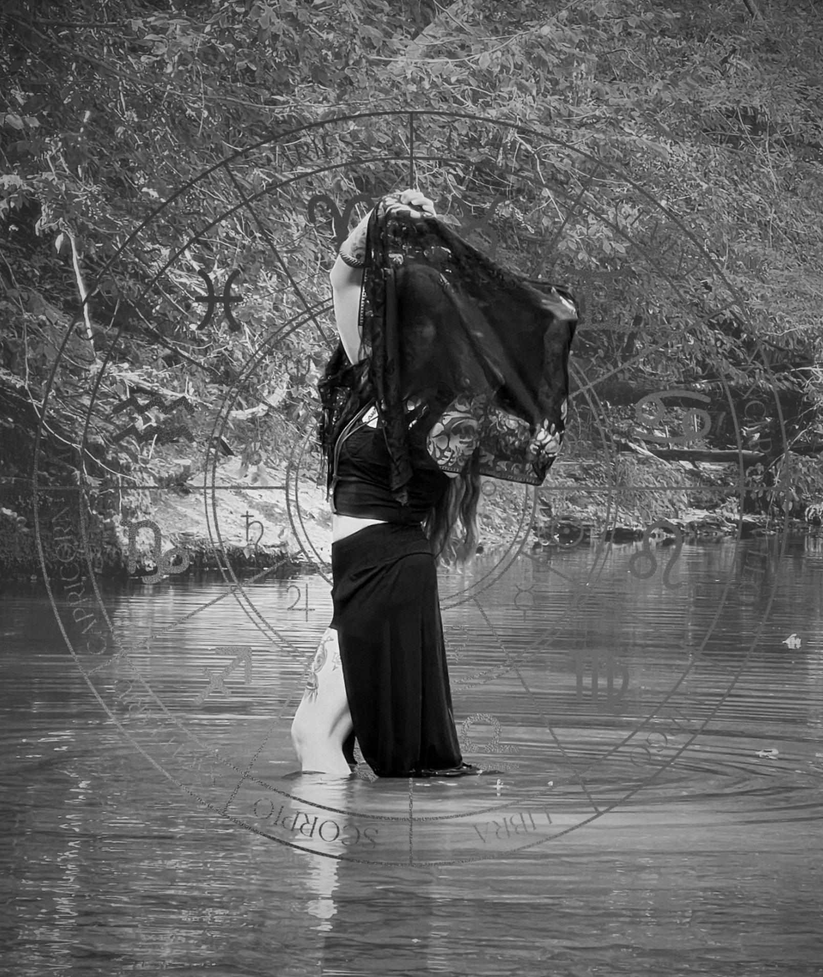 A person standing in a body of water, holding a piece of cloth over their head, with trees in the background, and a zodiac chart overlay in black and white.