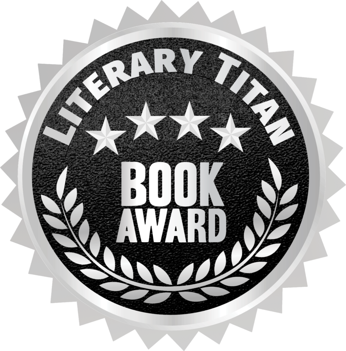 A black and silver badge with a textured background, featuring five stars at the top, the words "LITERARY TAXAN BOOK AWARD" in a circular pattern, and a laurel wreath at the bottom.