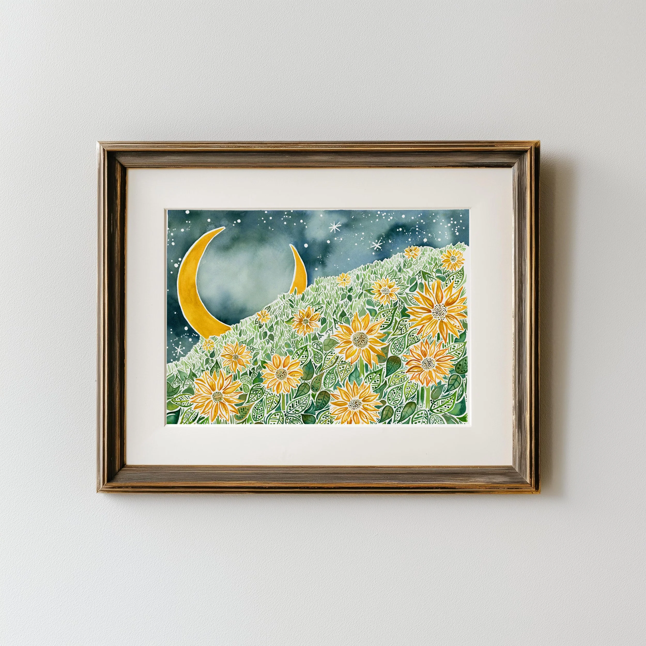 sunflower field | watercolor fine art print crescent moon