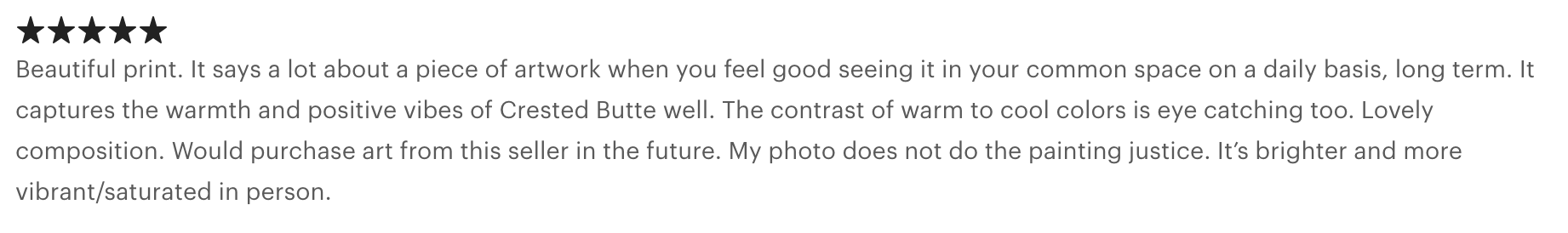 Five-star review with description praising a piece of artwork for its warm colors, positive vibes, and vibrant, saturated appearance.