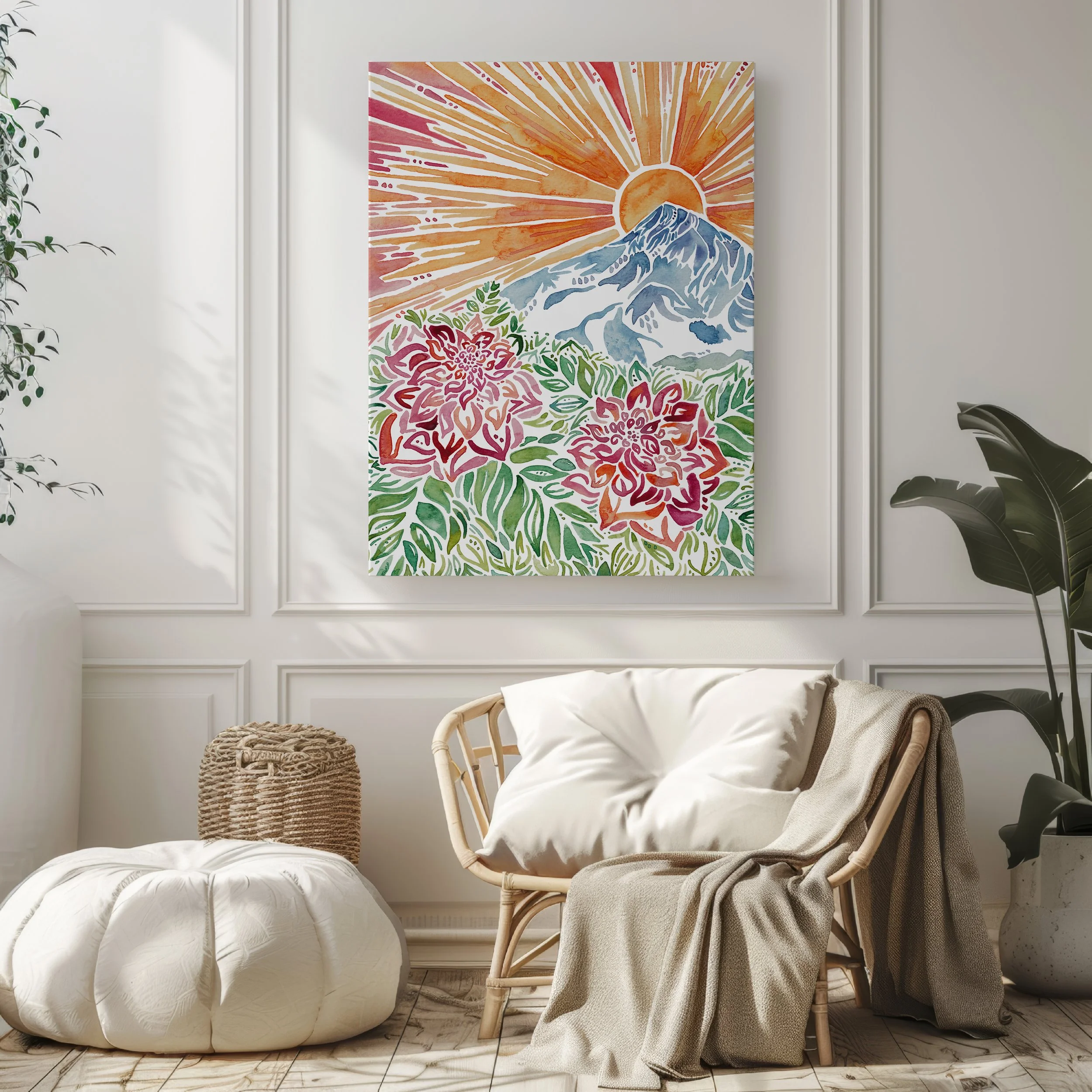 wy'east dahlias | watercolor fine art print mt hood dahlias at sunset