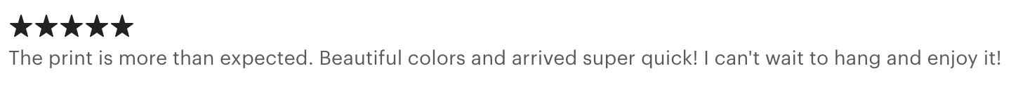 Five-star customer review praising the print's quality and vibrant colors, expressing excitement to hang and enjoy it.