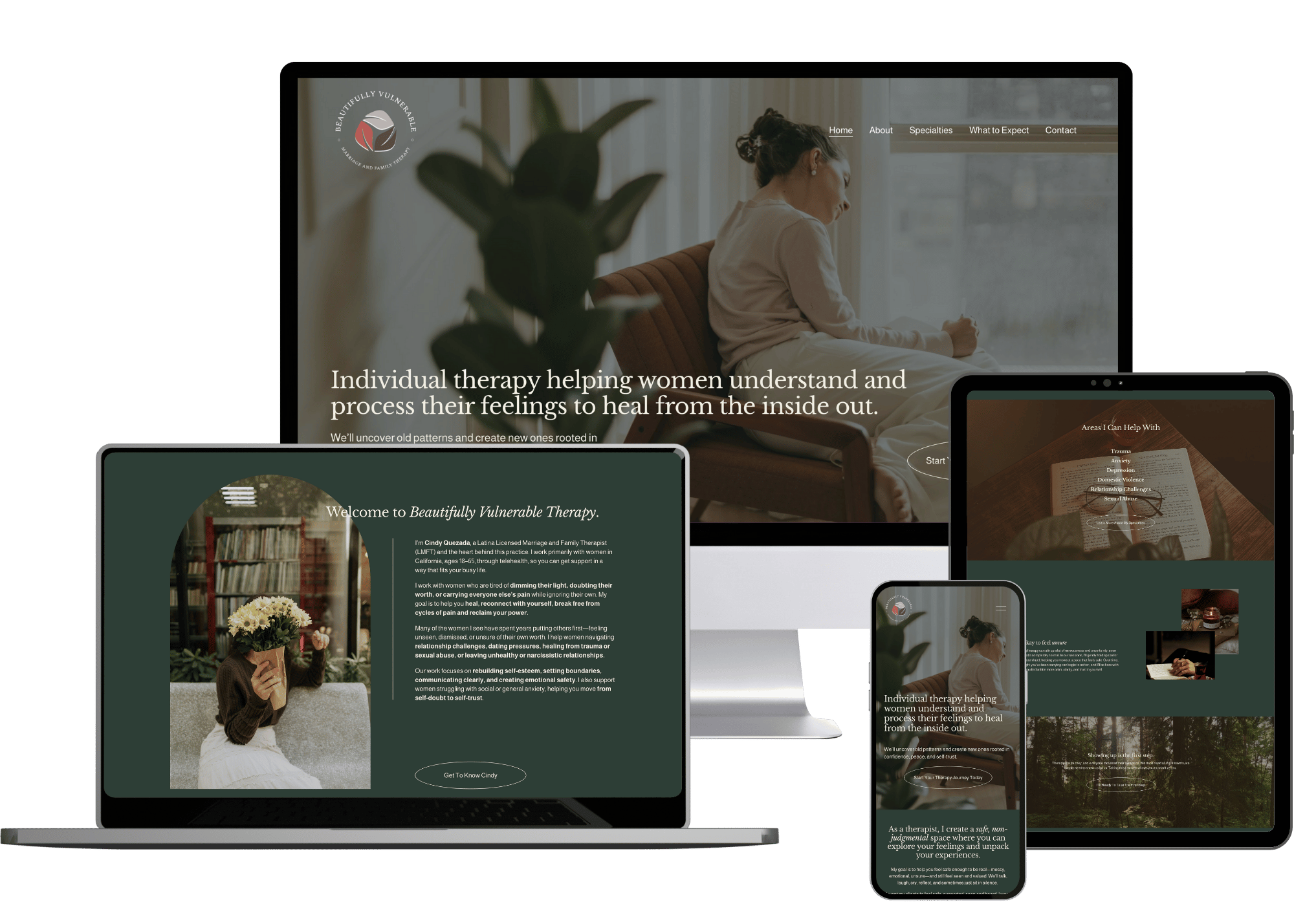 Multiple electronic devices displaying a website about therapy for women, including a desktop, laptop, tablet, and smartphone screens with images of women, therapy-related text, and calming backgrounds.