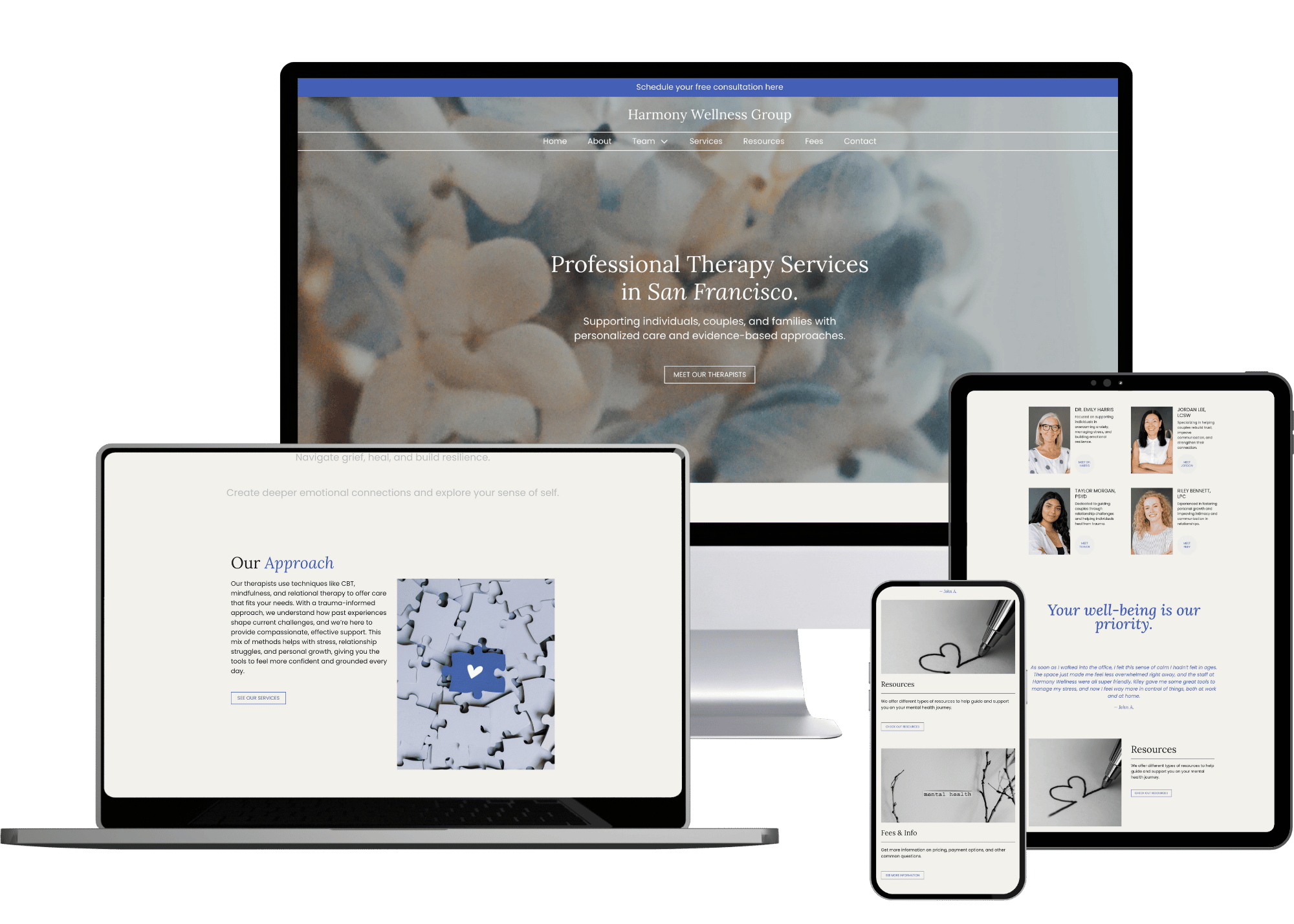 Multiple screens displaying a website called 'Harmony Wellness Group' offering professional therapy services, with sections on team members, resources, and approach, shown on a desktop, tablet, and phone.