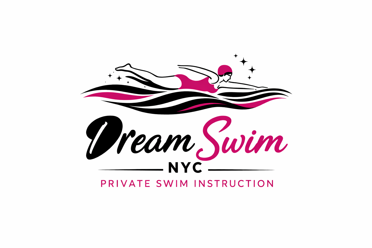 Logo for Dream Swim NYC featuring a female swimmer with a pink swim cap, swimming among stylized black and pink waves, with the text 'Dream Swim NYC' and 'Private Swim Instruction'.