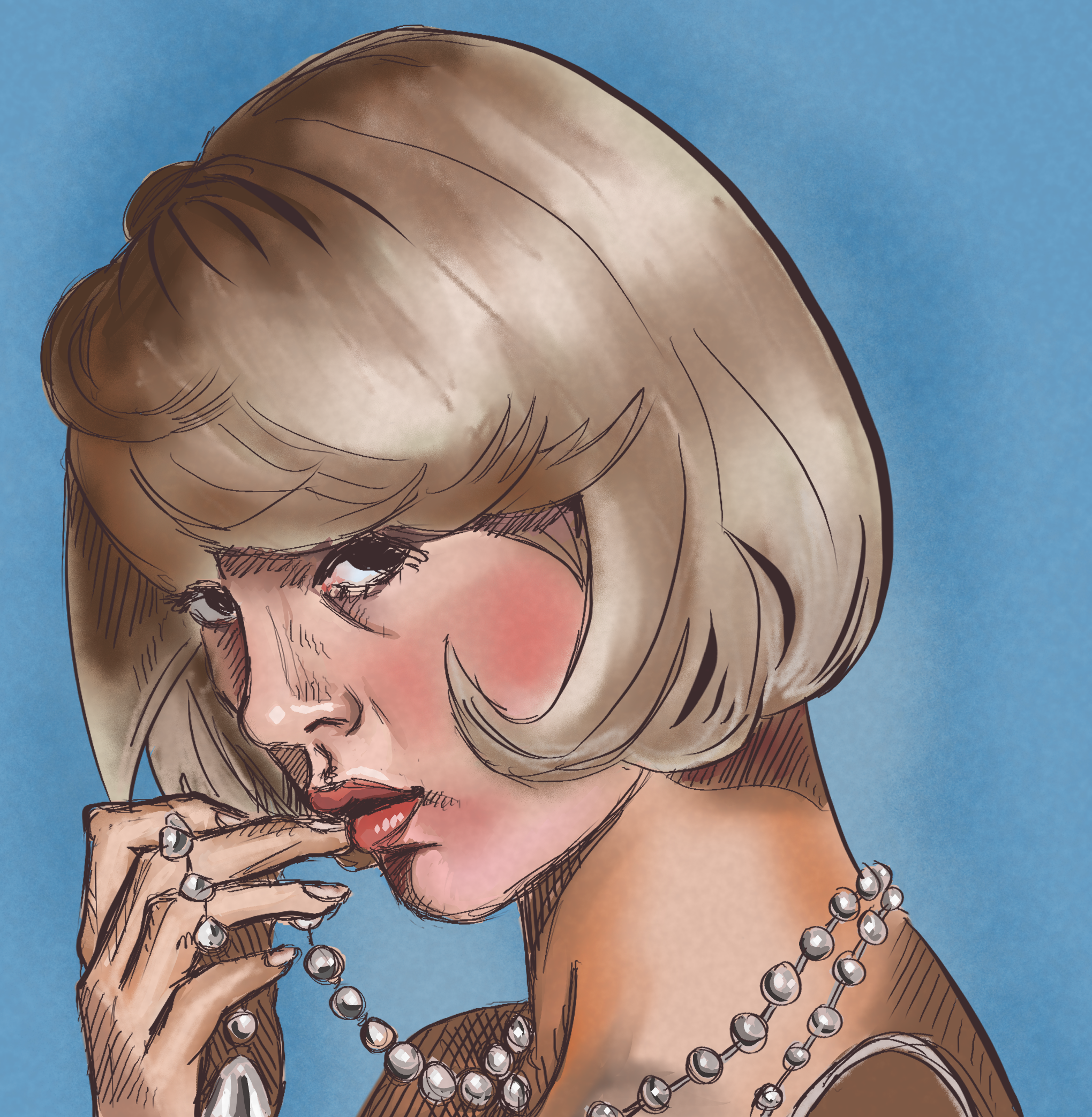 Digital drawing of woman with pearls.