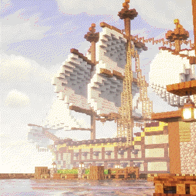 Minecraft pirate ship,Pixelated image of a pirate ship in a harbor with a cloudy sky in the background, featuring large sails and wooden structures.