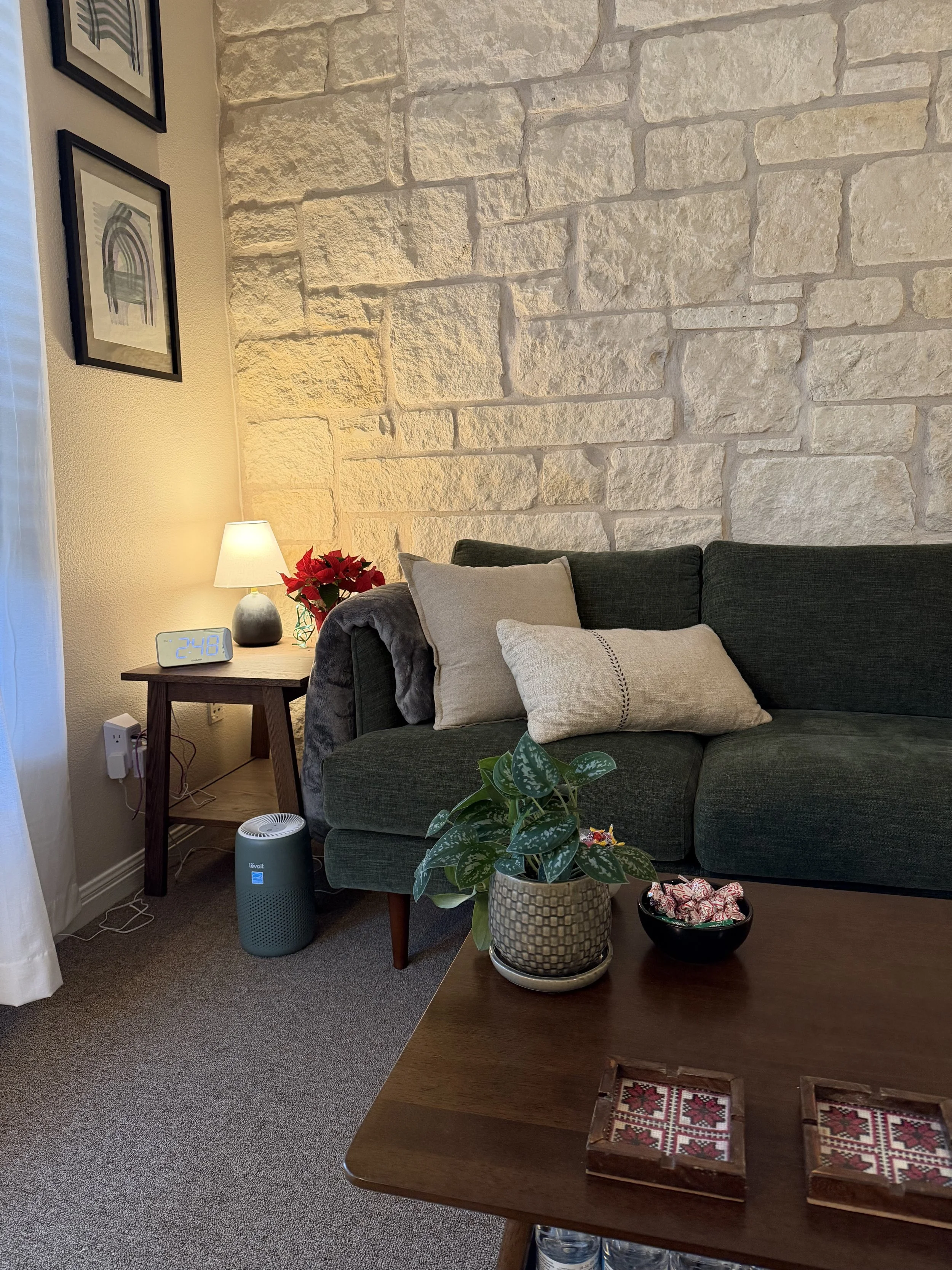 Apego therapy's office with a green sofa, a wooden side table with a lamp and poinsettia, a stone wall, framed art, a window with white curtains, a potted plant, and a digital clock showing 2:48.
