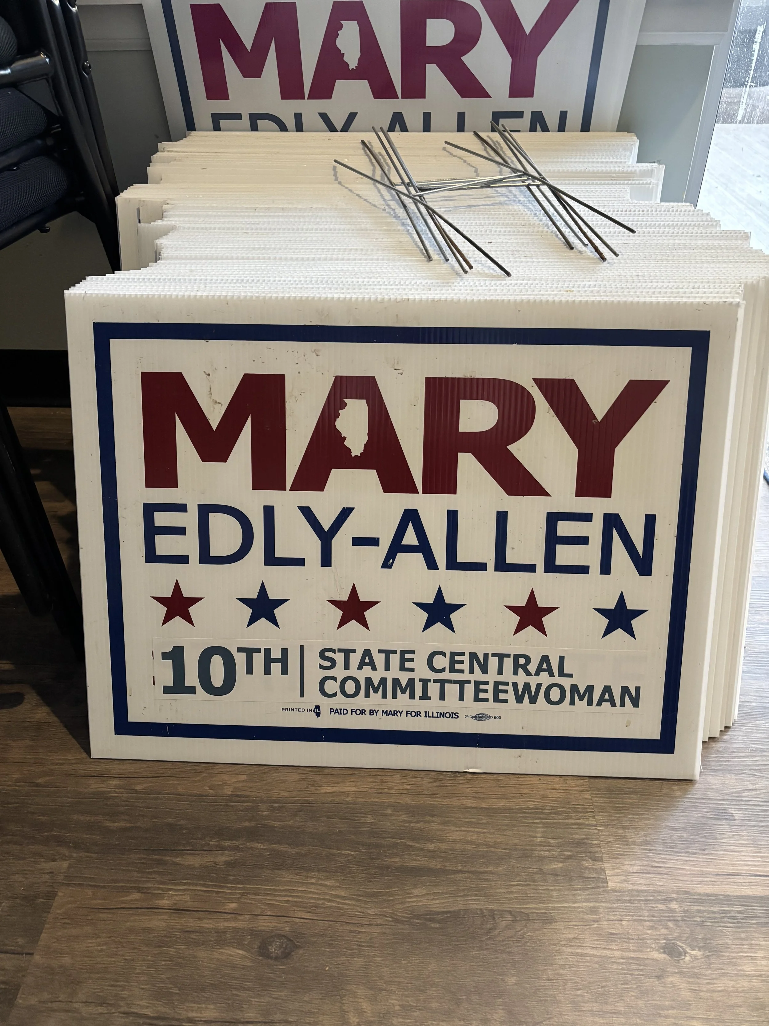 Mary Edly-Allen for 10th District State Central Committeewoman Yard Sign. The sign has a sticker over where it previously said State Senate.