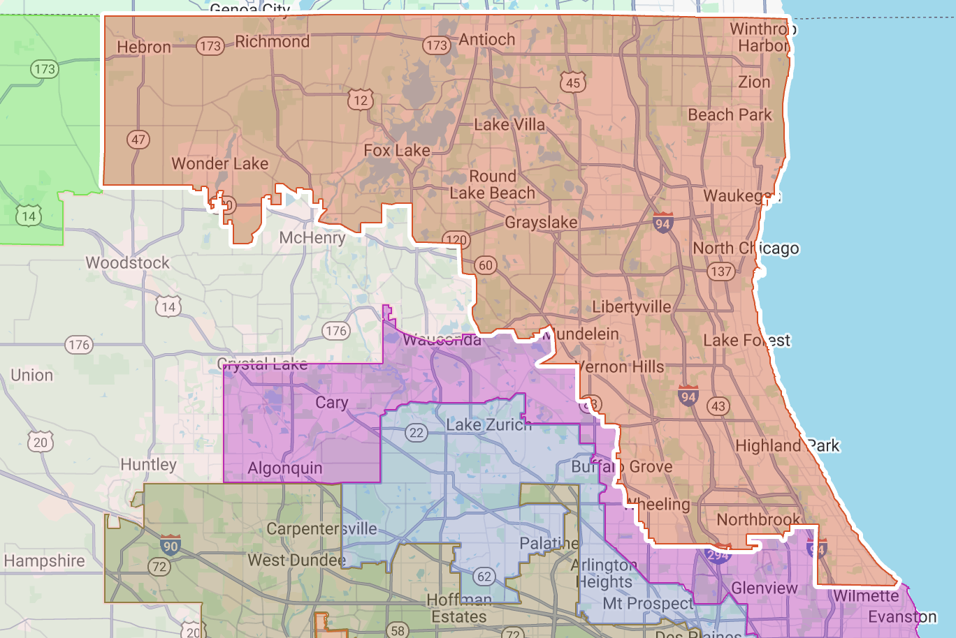 A map depicting the Tenth Congressional districts of Illinois. The map includes labels for cities and suburbs such as Waukegan, North Chicago, Lake Forest, Wilmette, and Evanston.