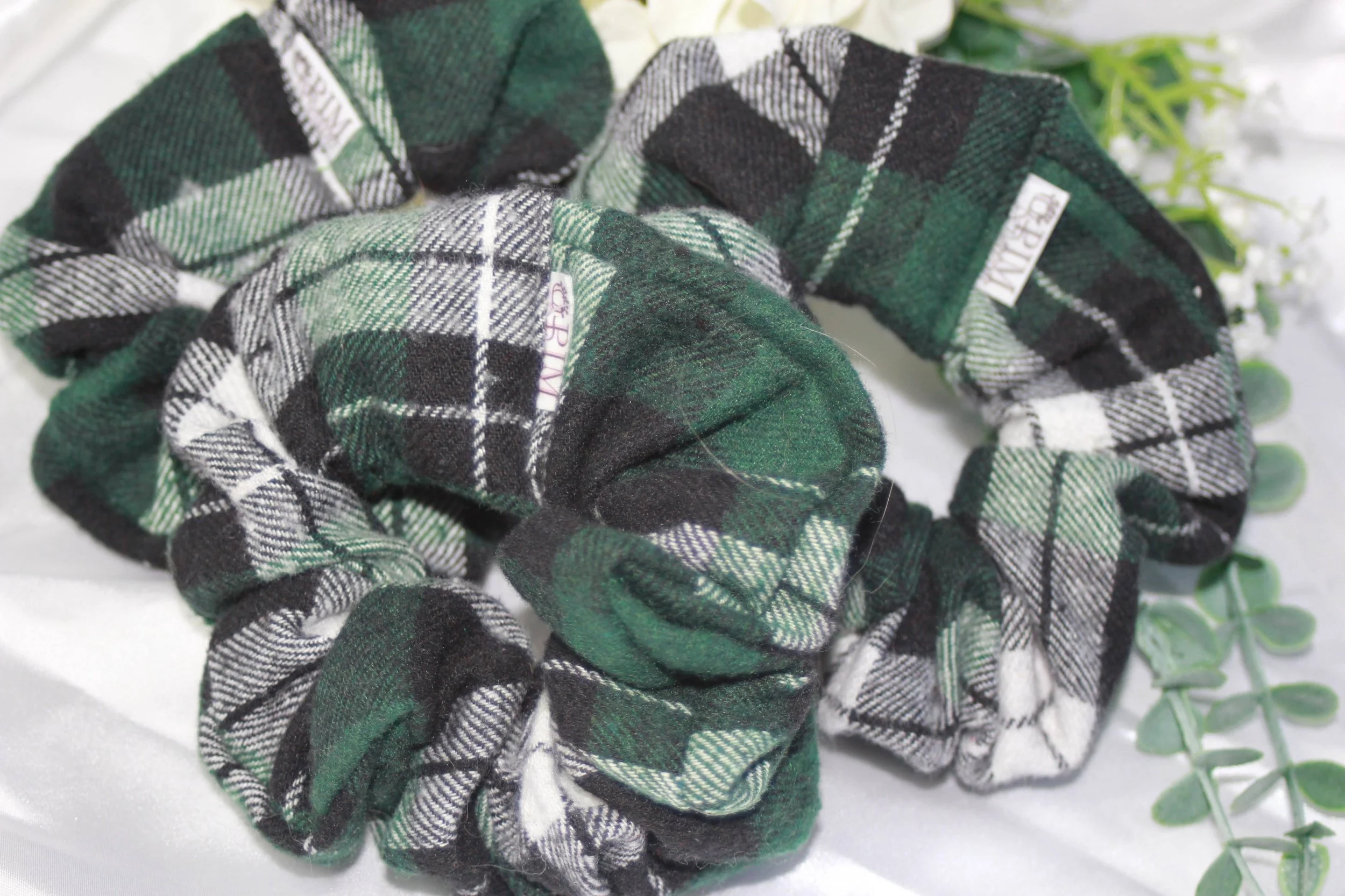 Cabin-Cute & Hair-Safe Cotton Scrunchie – Green, White & Black Rustic Plaid Hair Accessory