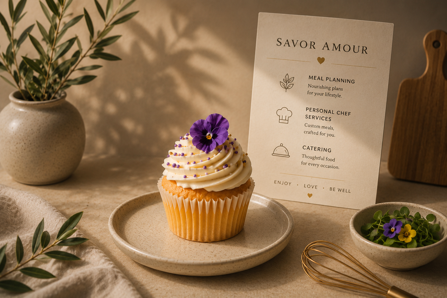 A cupcake with white frosting, purple and yellow sprinkles, and a purple flower on top, on a beige plate next to a small bowl of purple and yellow flowers. There is a potted plant with green leaves, a menu with text about meal planning and services, and a whisk on a beige tablecloth with a neutral background.