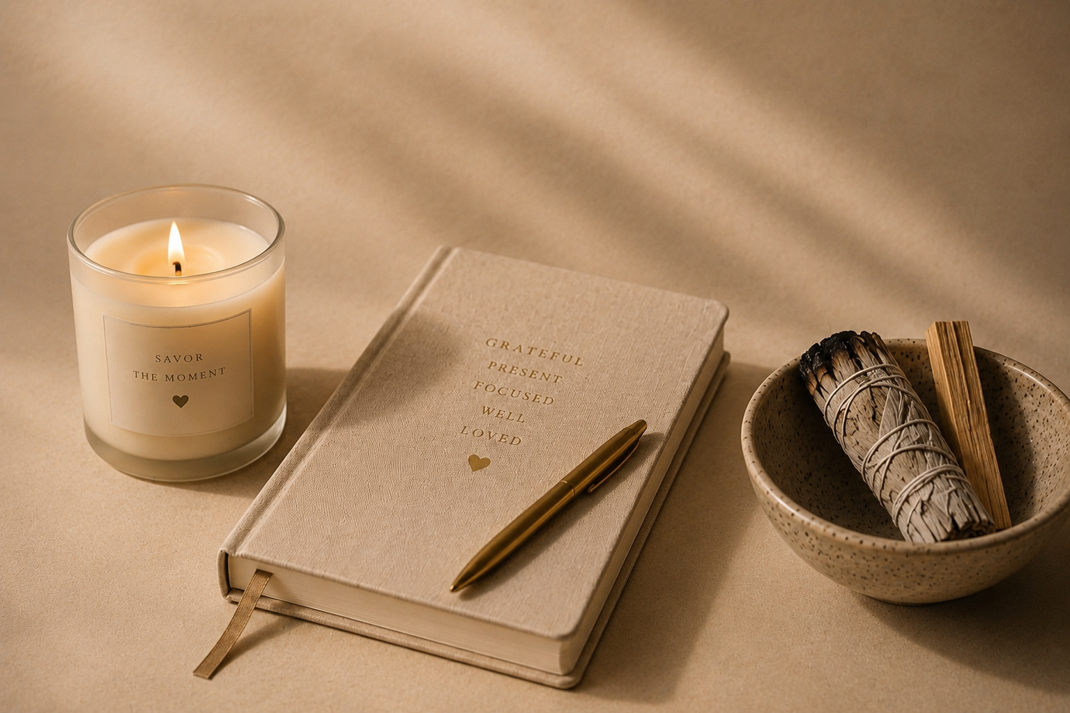 A lit candle in a glass holder, a closed beige journal with words 'Grateful Present Focused Well Loved' and a gold pen on top, and a speckled bowl containing rolled sage and palo santo sticks, all on a beige surface.