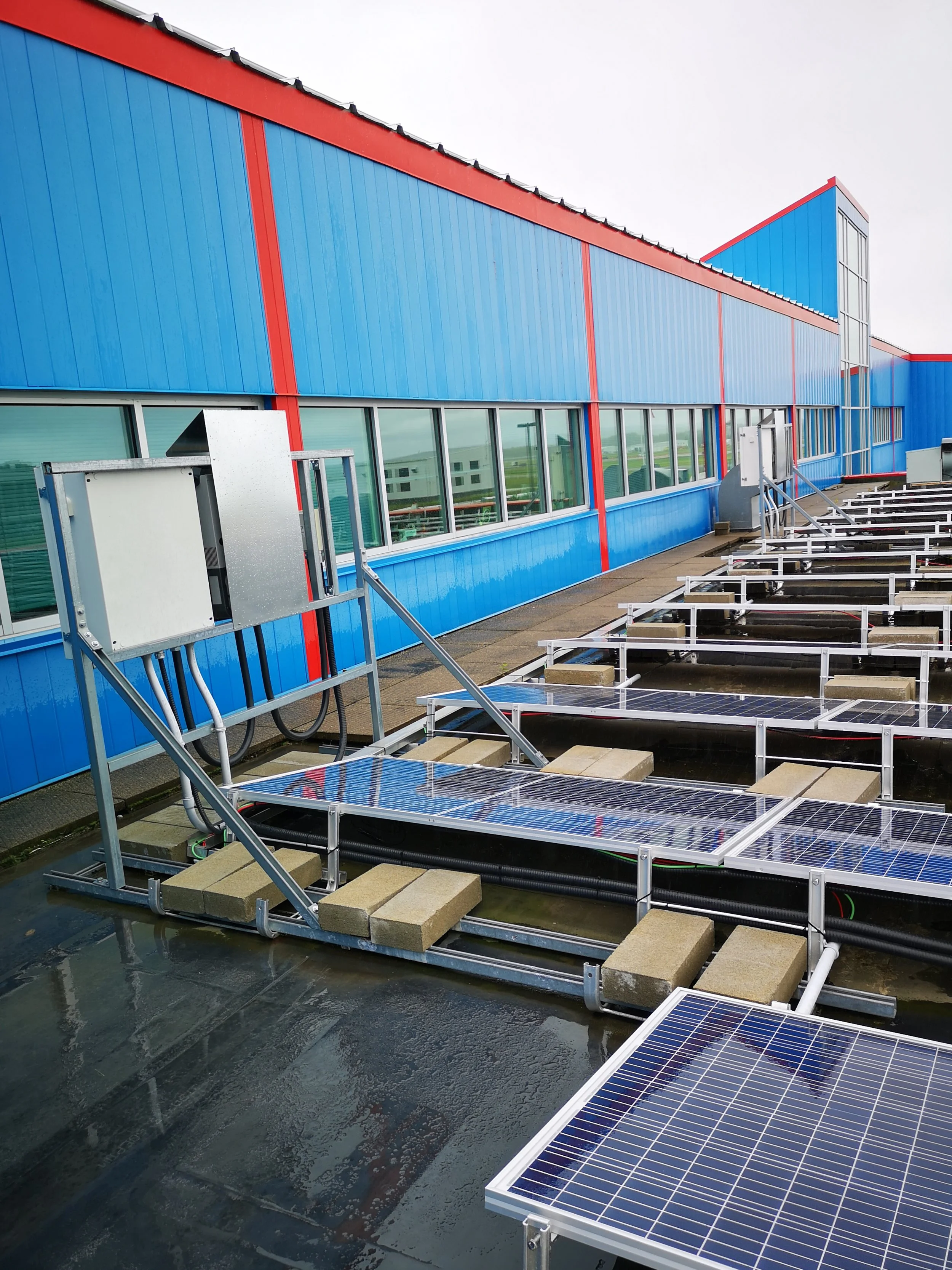A modern building with a wooden facade and large glass window, set against a mountainous landscape with grassy foreground.