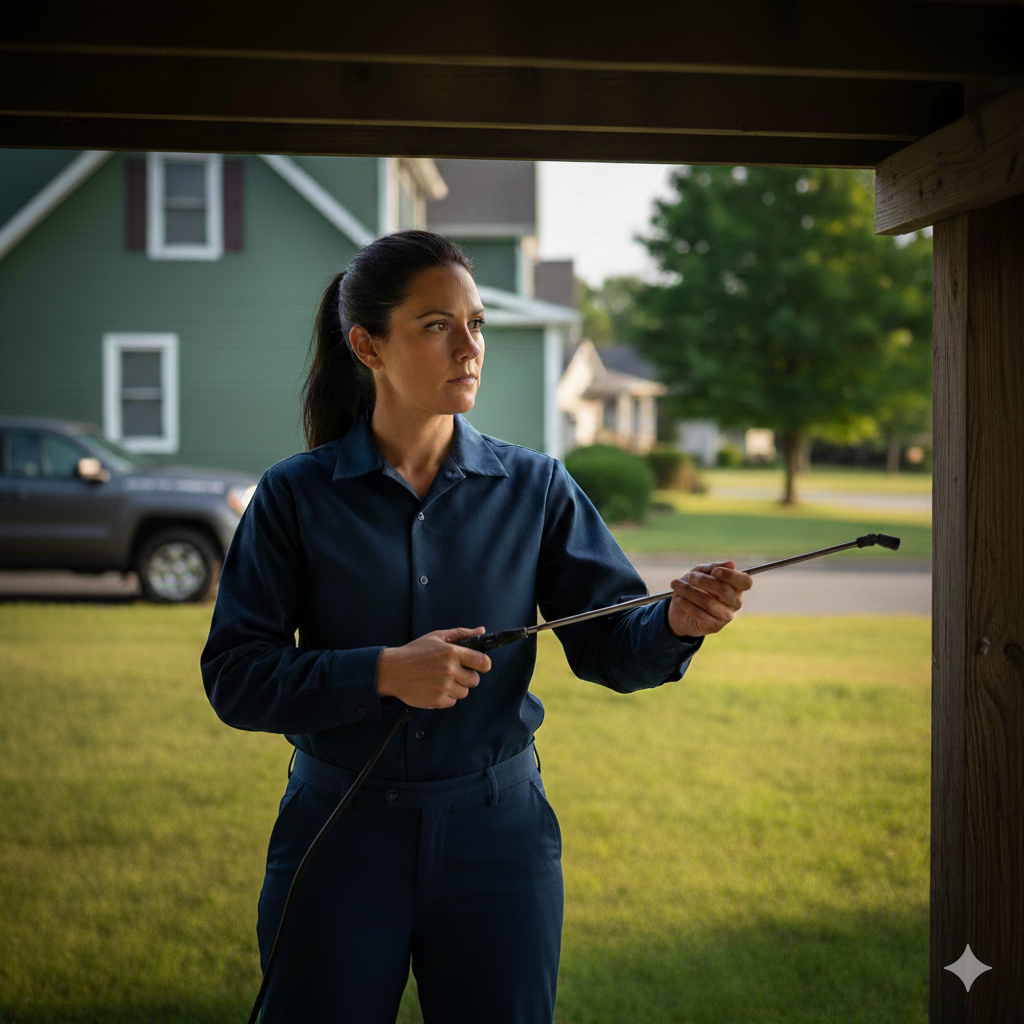 Pest control technician spraying for pests