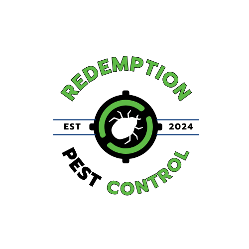 Redemption Pest Control. Logo with a bug inside a recycling symbol, surrounded by the words 'Redemption' at the top and 'Control' at the bottom.