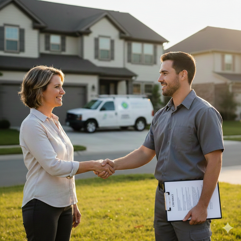 A woman and a man shake hands outside in a residential neighborhood during sunset. Man just performed pest control service. woman is satisfied with the service.