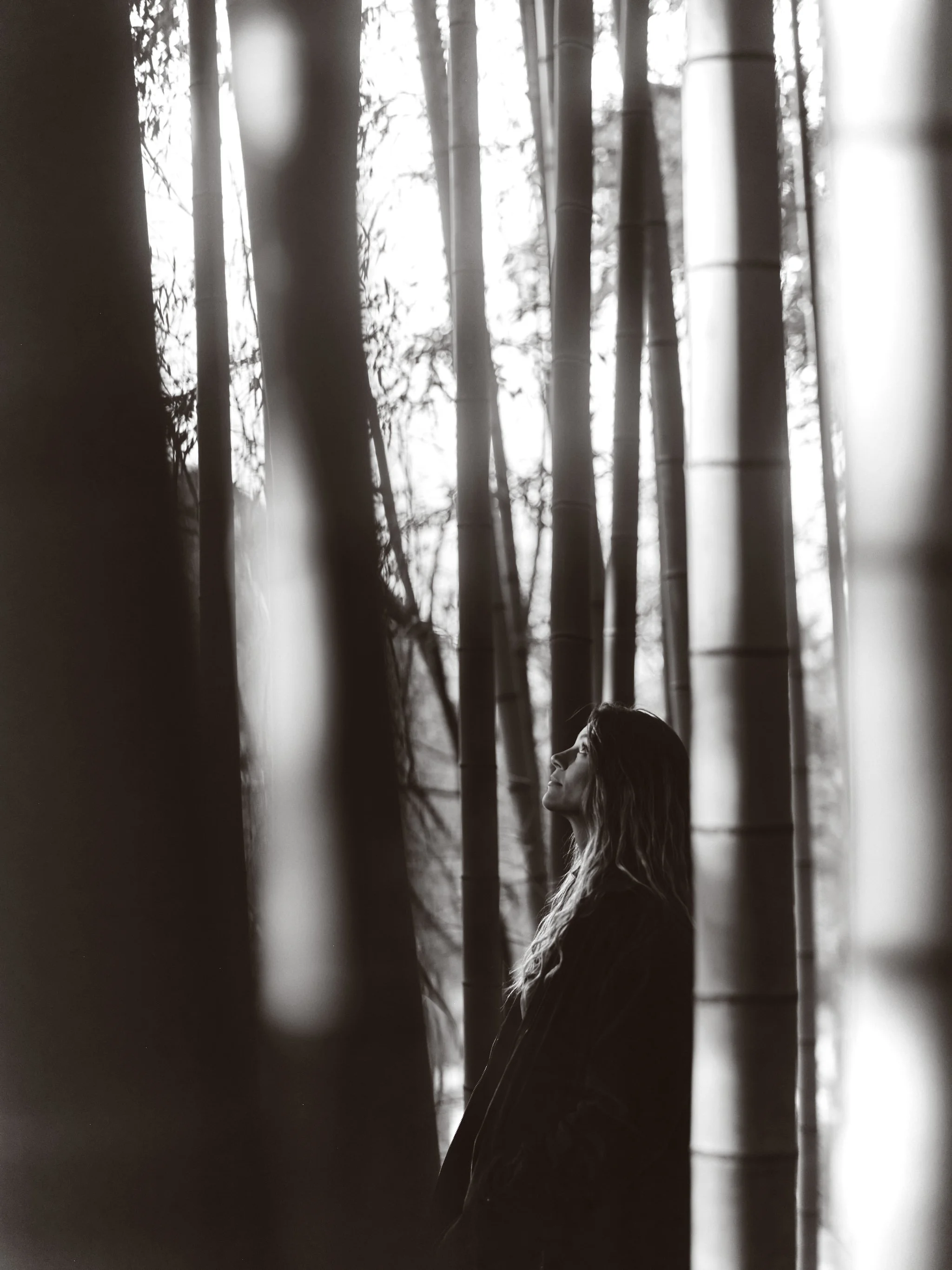 A woman standing among bamboo trees, looking up with a serene expression. The photo is in black and white.