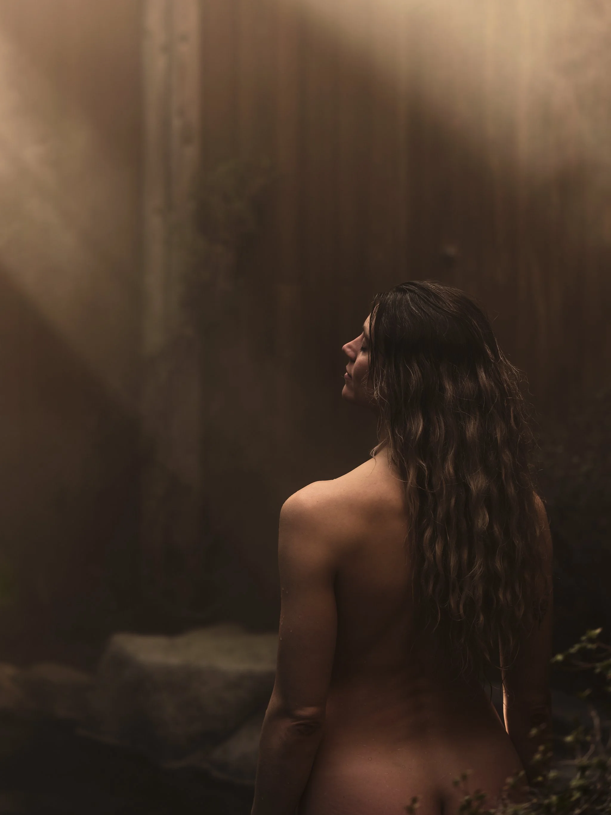 A nude woman with long, wavy hair standing in a dimly lit, natural setting with a wooden wall behind her.