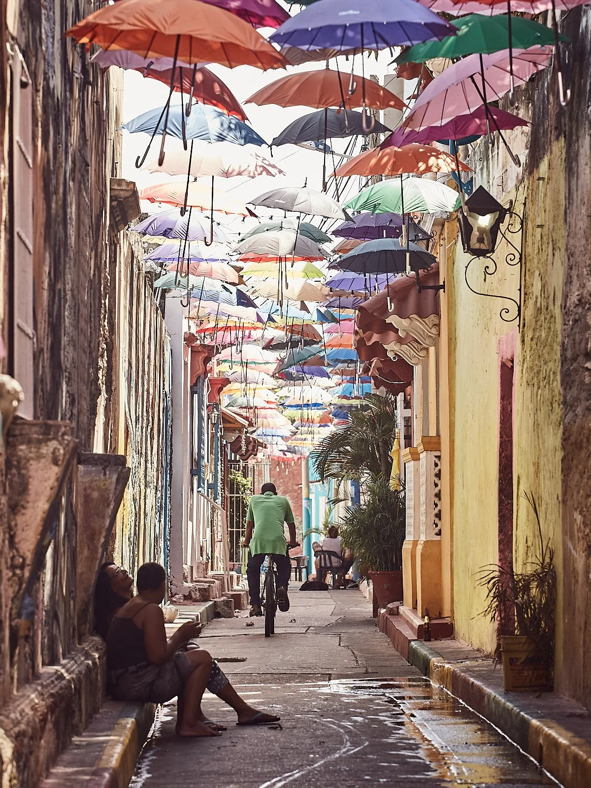 Narrow street with colorful umbrellas hanging overhead, walls with peeling paint, people sitting and walking, one person riding a bicycle, plants, and a sidewalk with water.