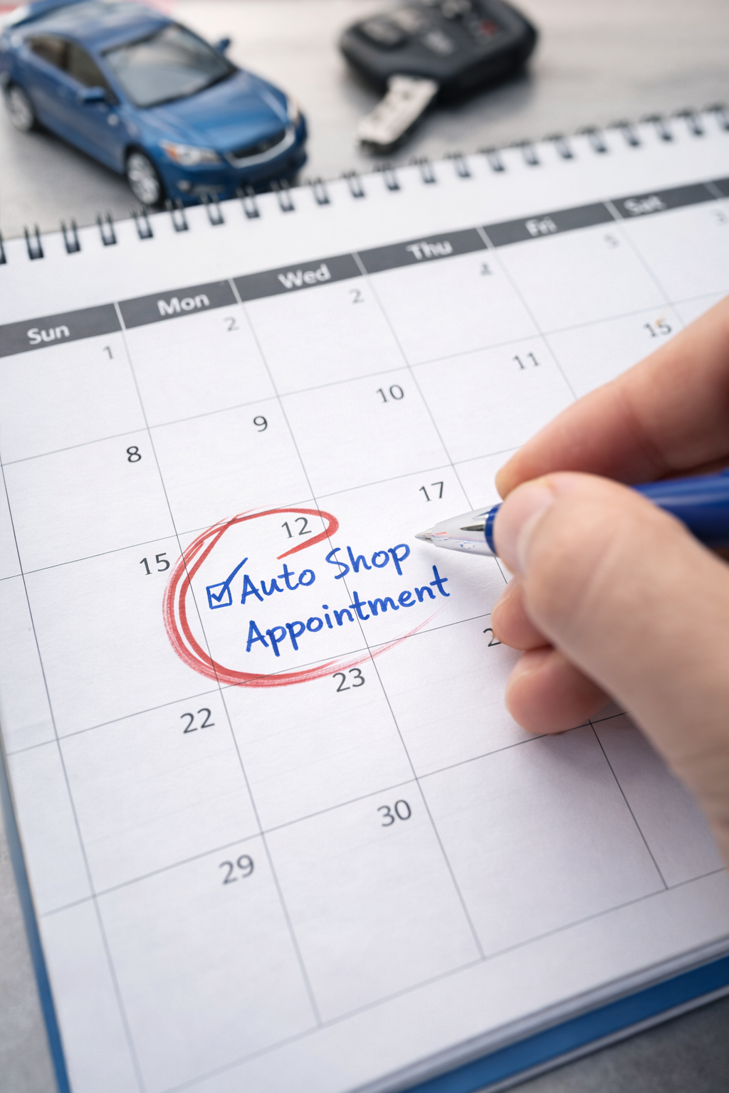 A calendar page with an appointment marked on the 15th for an auto shop, with car keys and a toy car on the table.