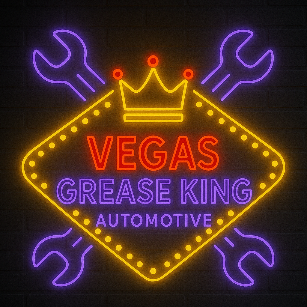 Neon sign for Vegas Grease King Automotive featuring a crown, two purple wrenches, and a yellow diamond-shaped border.