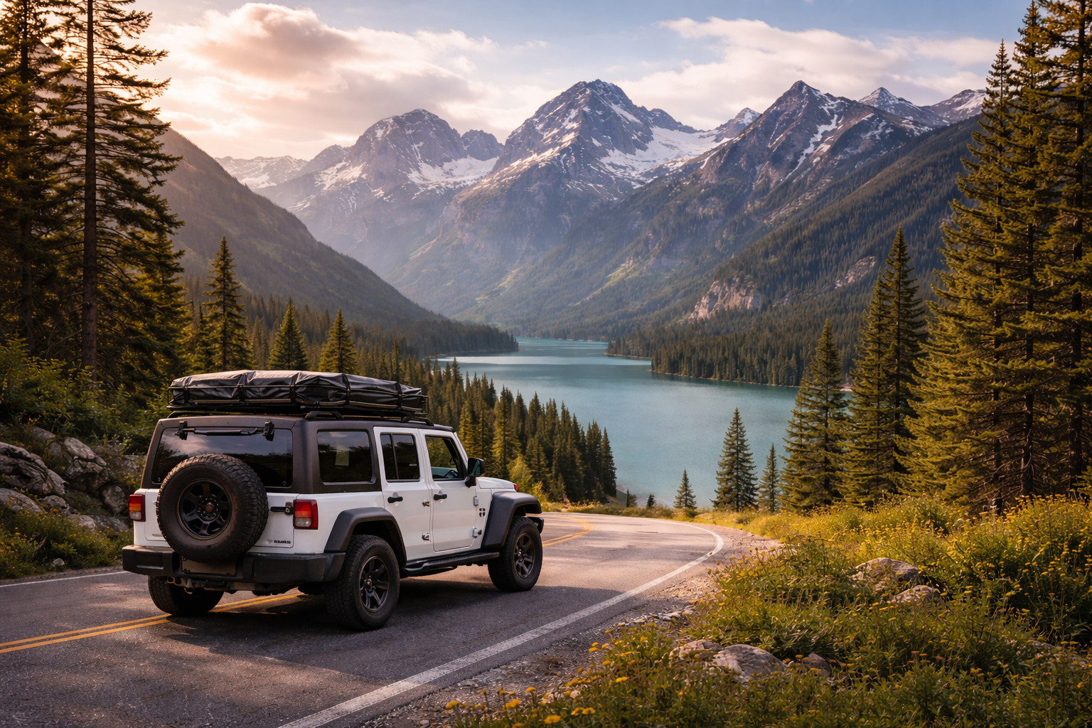 A white off-road vehicle parked on a mountain road overlooking a lake surrounded by pine trees and snow-capped mountains.