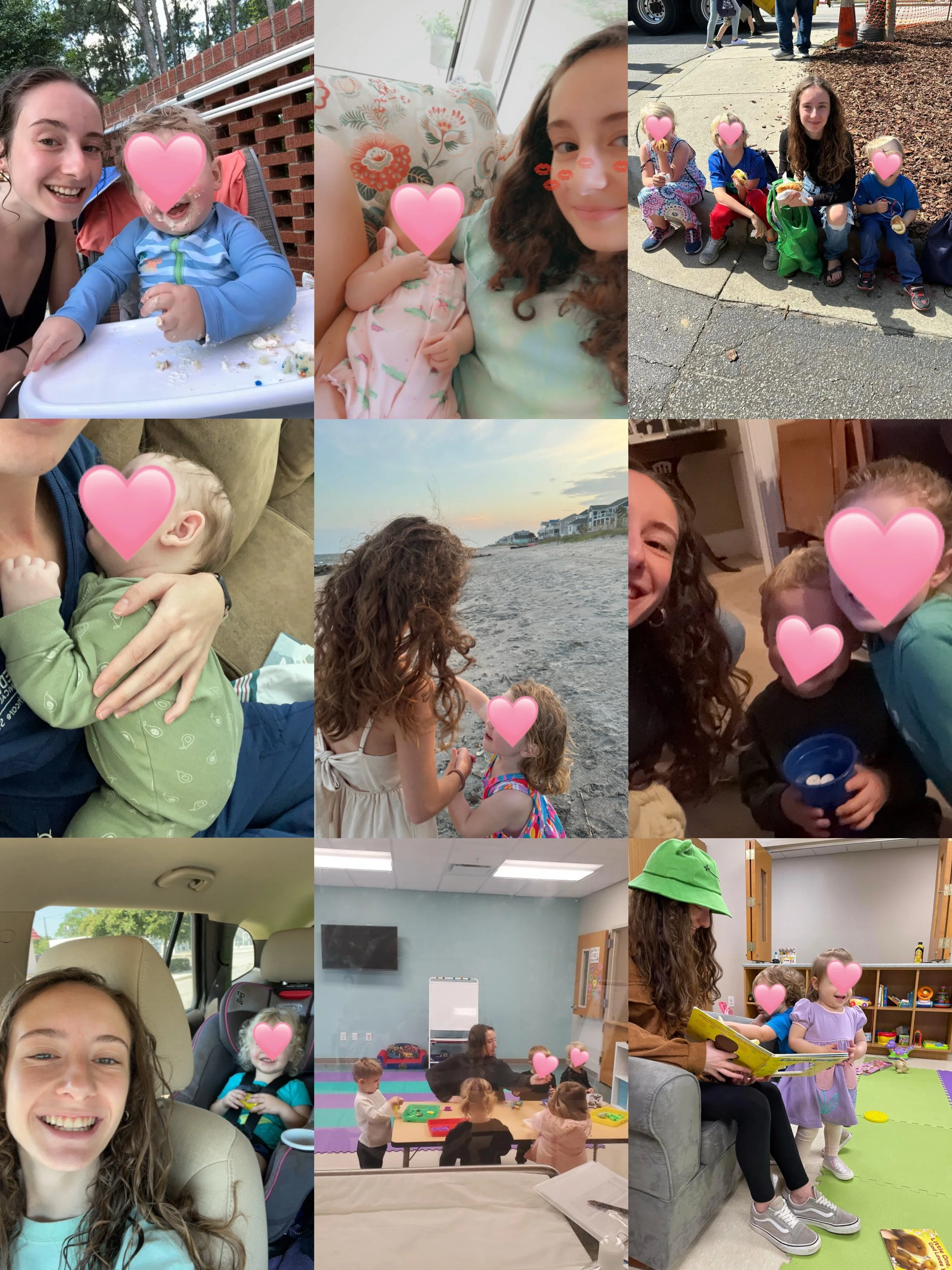Collage of nine photos showing a young woman with curly hair interacting with children in various settings: outdoor meals, on the beach, in a classroom, and at home, capturing moments of bonding and play.