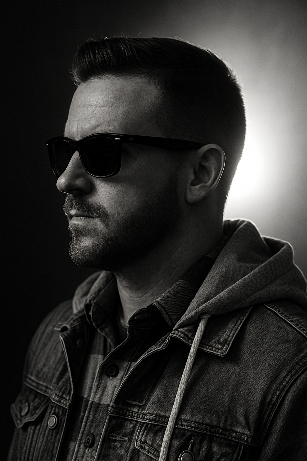 Side profile of a man with short hair, wearing sunglasses and a denim jacket with a hoodie underneath, in black and white.
