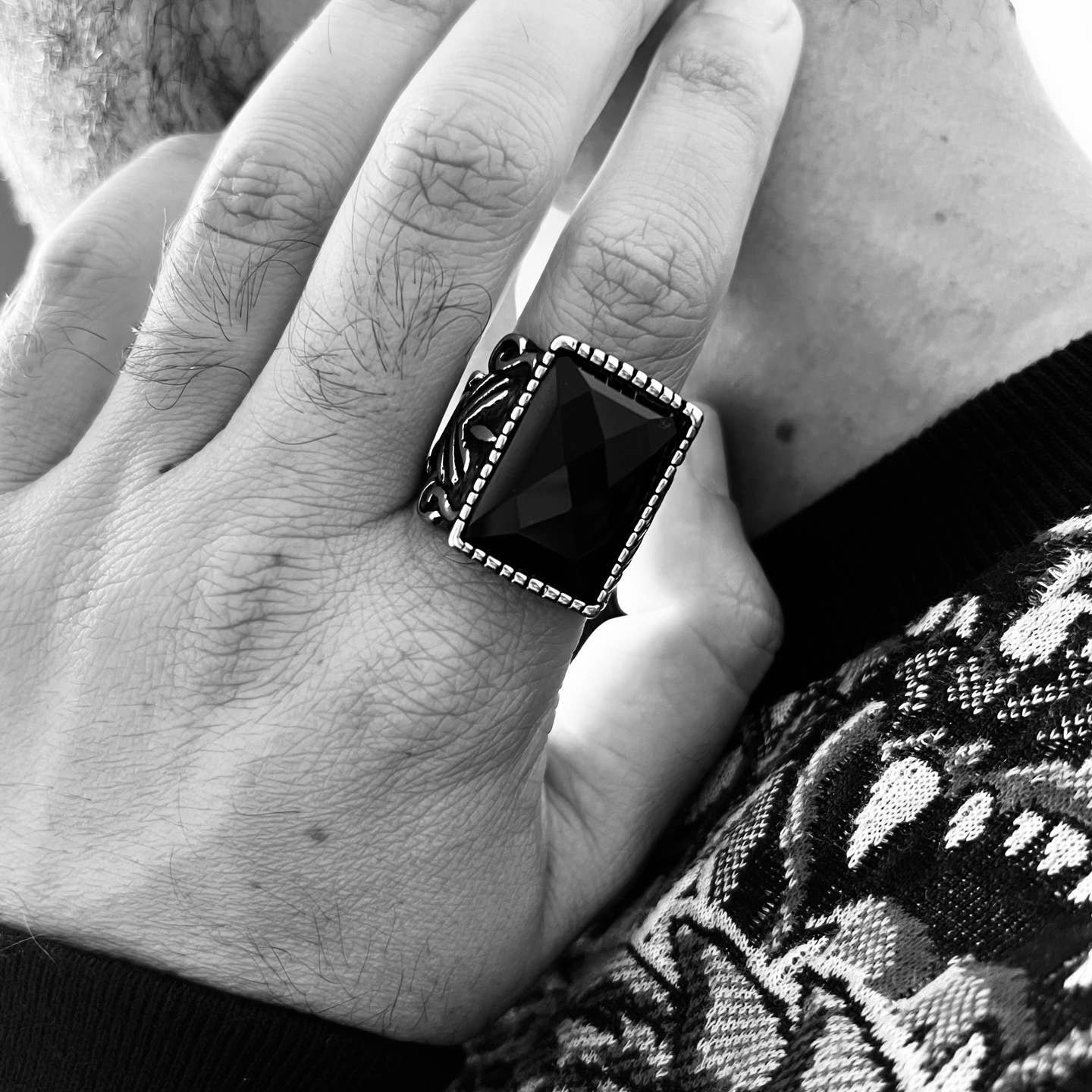 Stainless Steel Black Stone Statement Ring