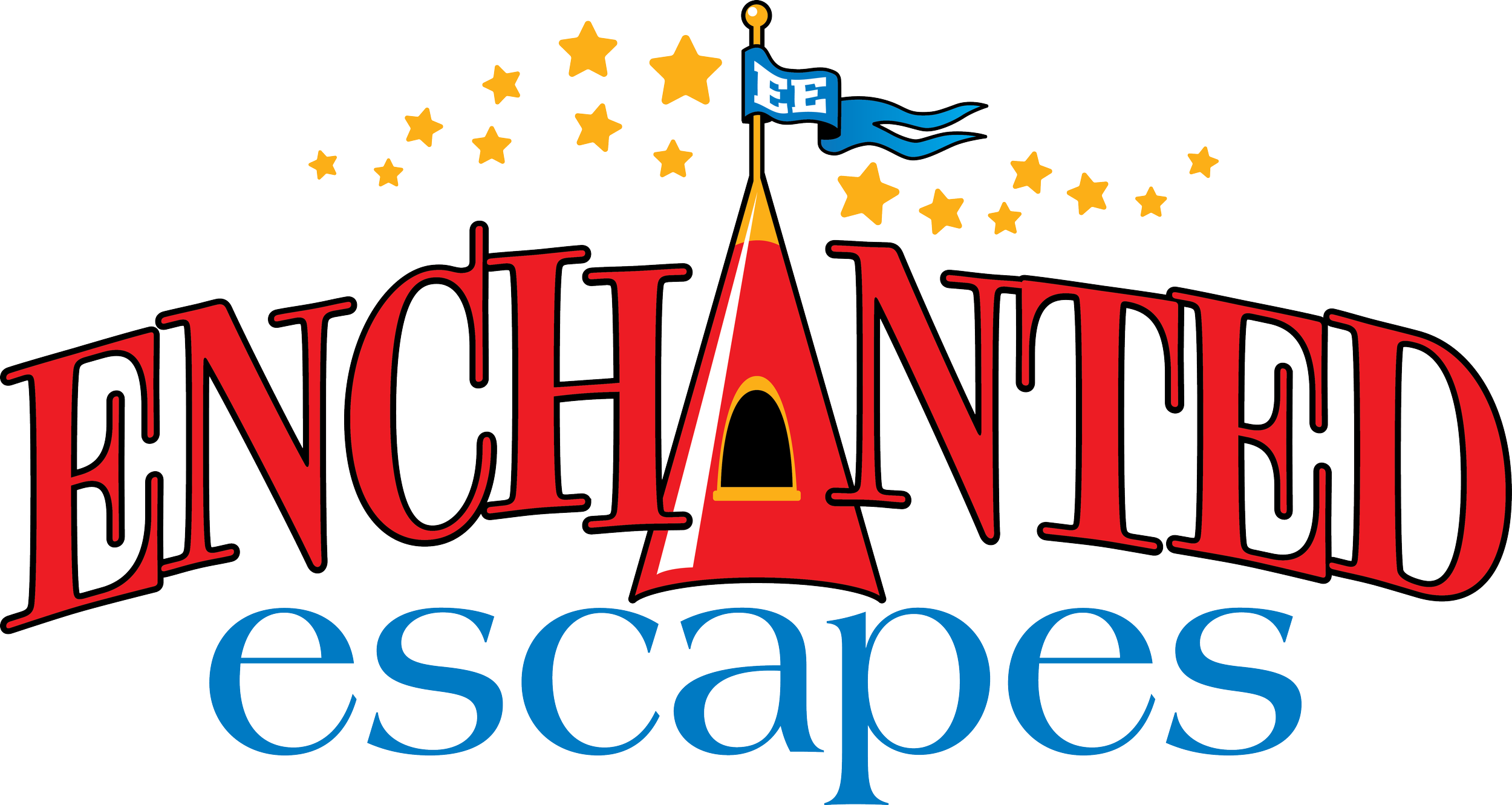 Logo for Enchanted Escapes featuring a red circus tent with a blue flag marked with 'EE,' surrounded by a starry arch and the words 'Enchanted Escapes' in stylized red and blue text.