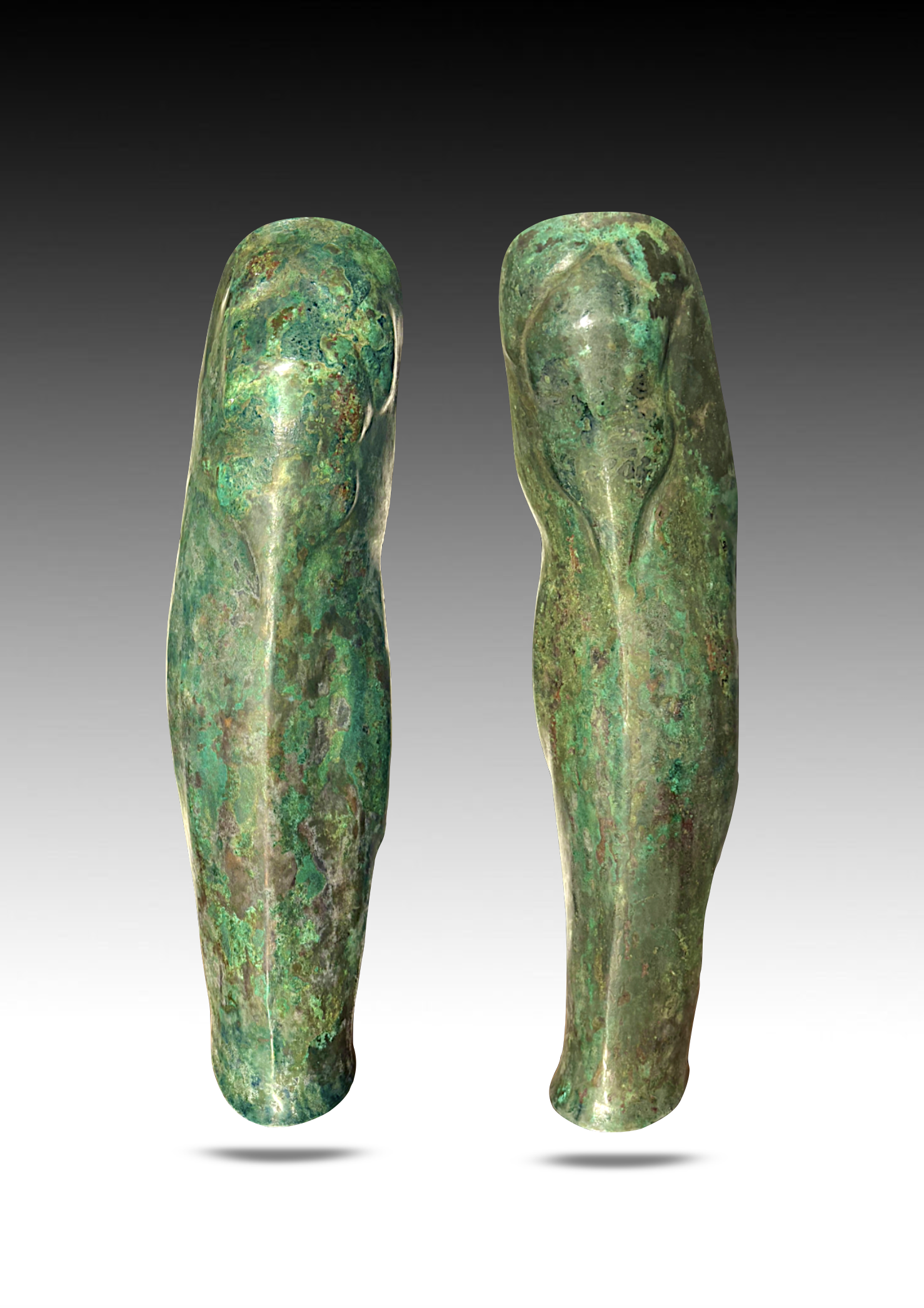 Two ancient greenish bronze finger rings with a patina, floating against a gradient gray background.