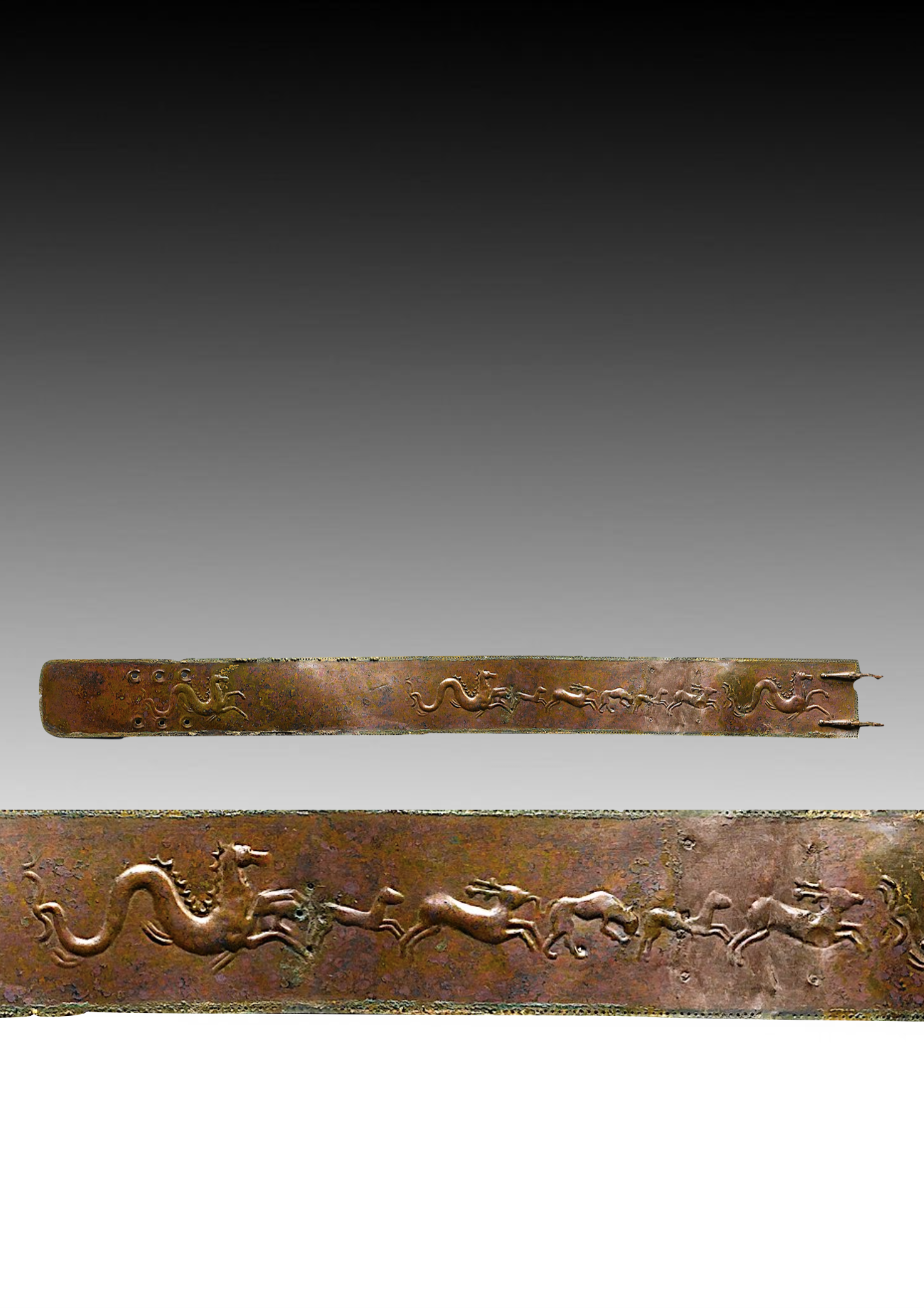 Ancient Chinese bronze ritual vessel with carved dragon and animal motifs.