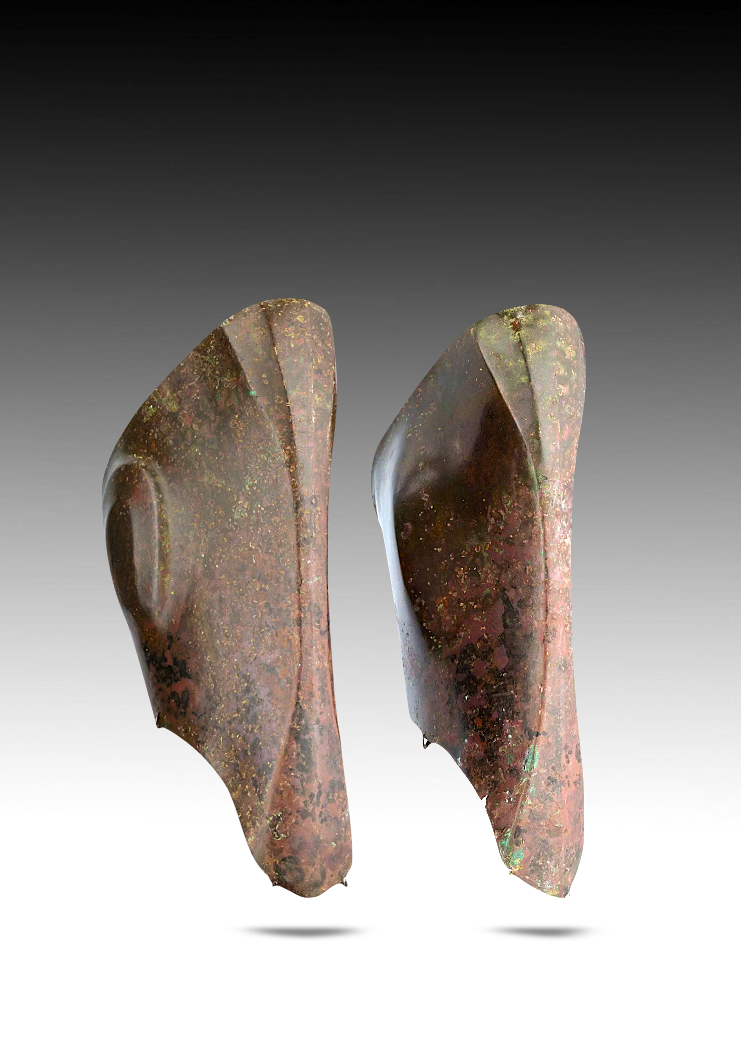Close-up of the tips of two copper ice skates with a rusted, greenish surface, standing against a black to gray gradient background.