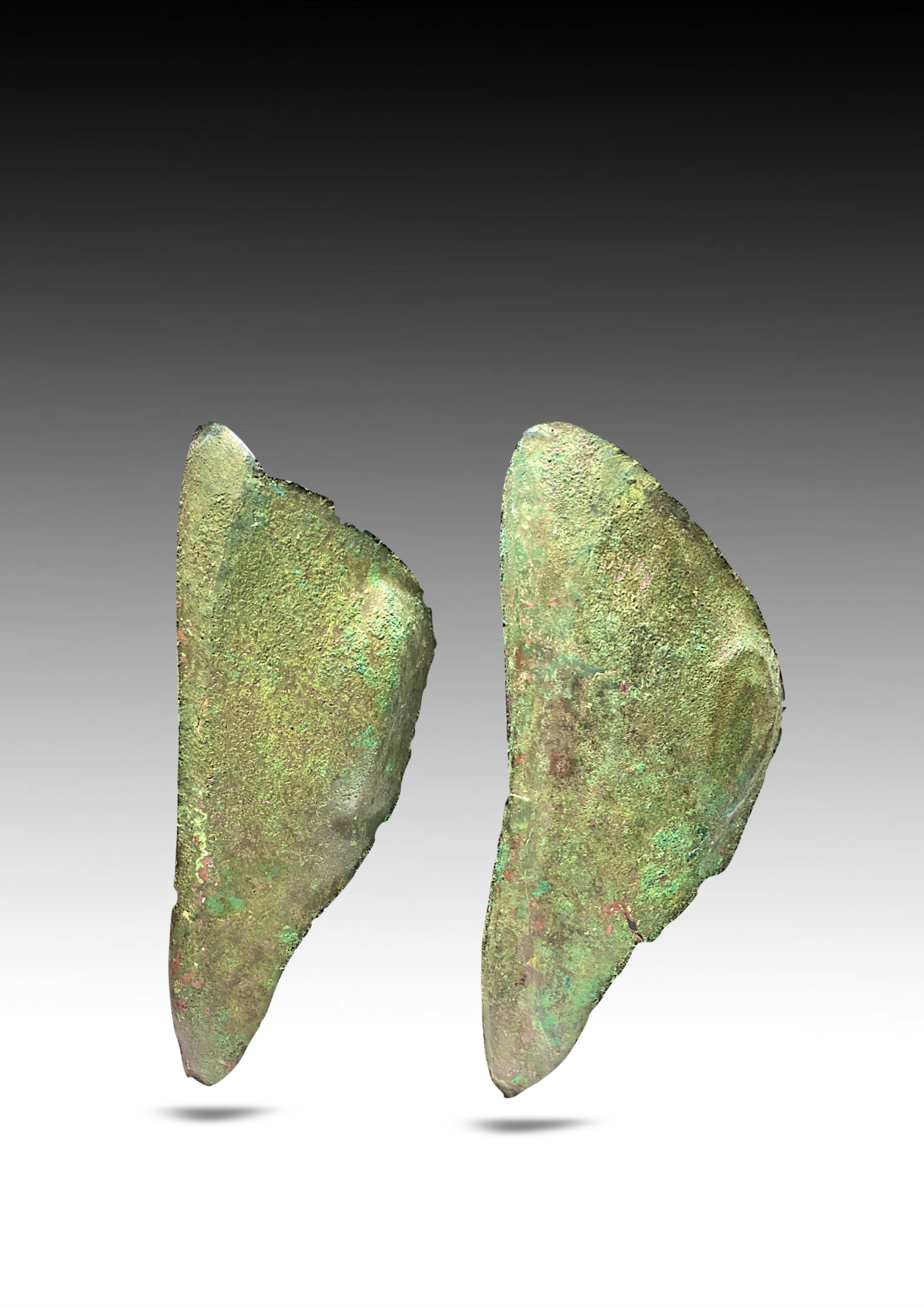 Close-up of two greenish, iridescent, ancient-style metal dagger blades with chipped edges, positioned next to each other against a gradient background.