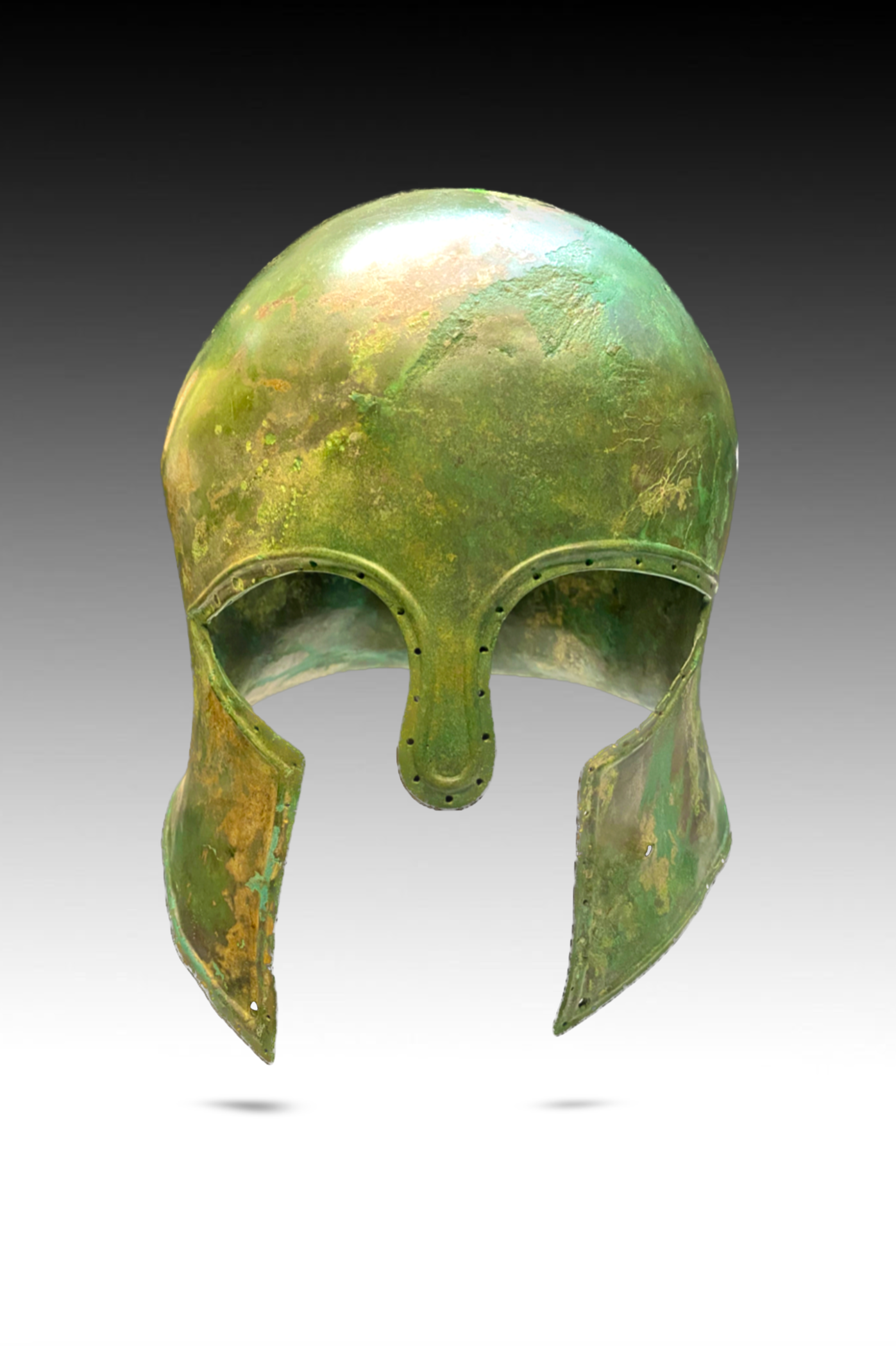 Bronze helmet with a weathered, green patina, featuring a smooth rounded top and ear guards with metal rivets, on a gray background.