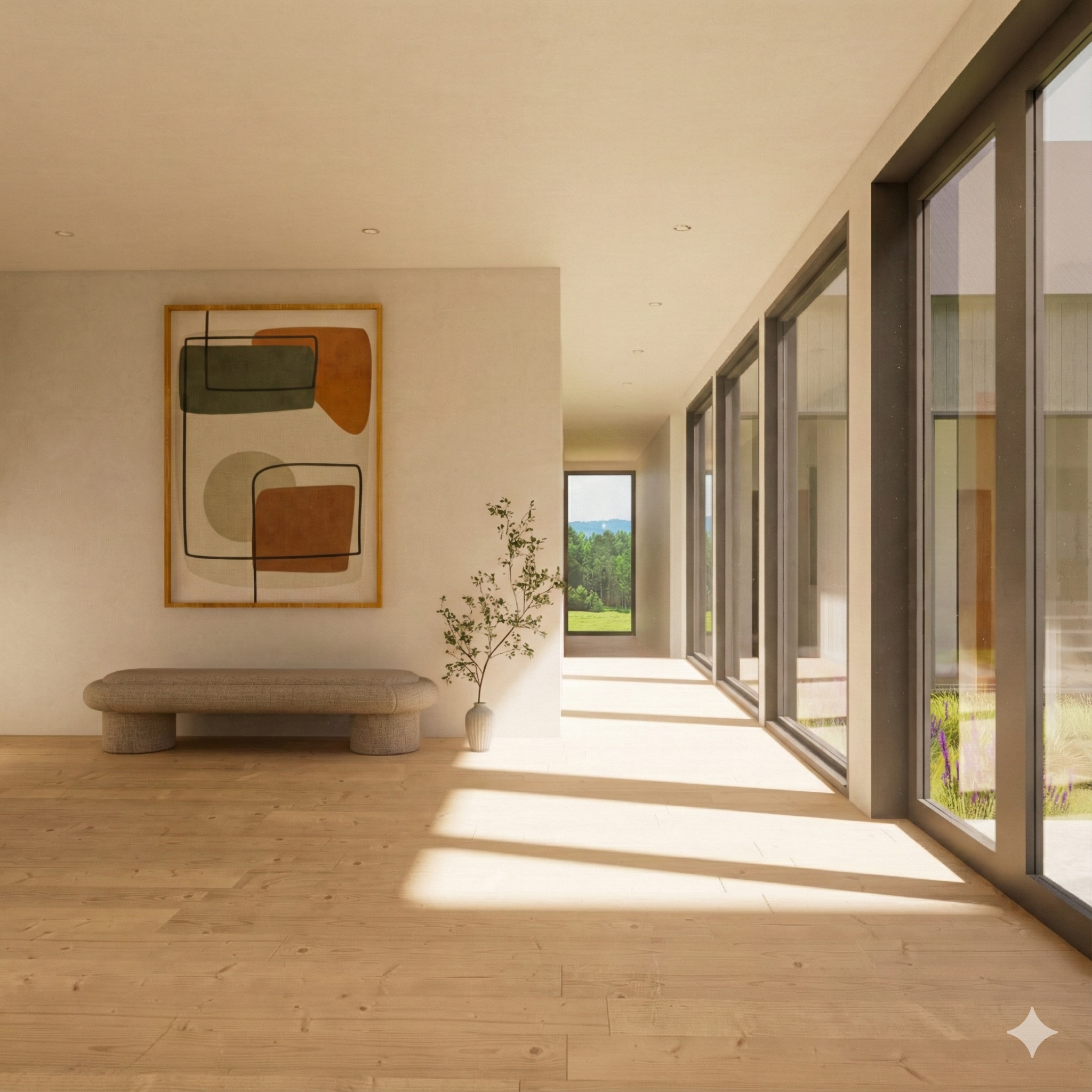 Modern interior room with a beige bench, a potted plant, abstract artwork on the wall, wooden flooring, and large glass windows showing a view of green landscape.