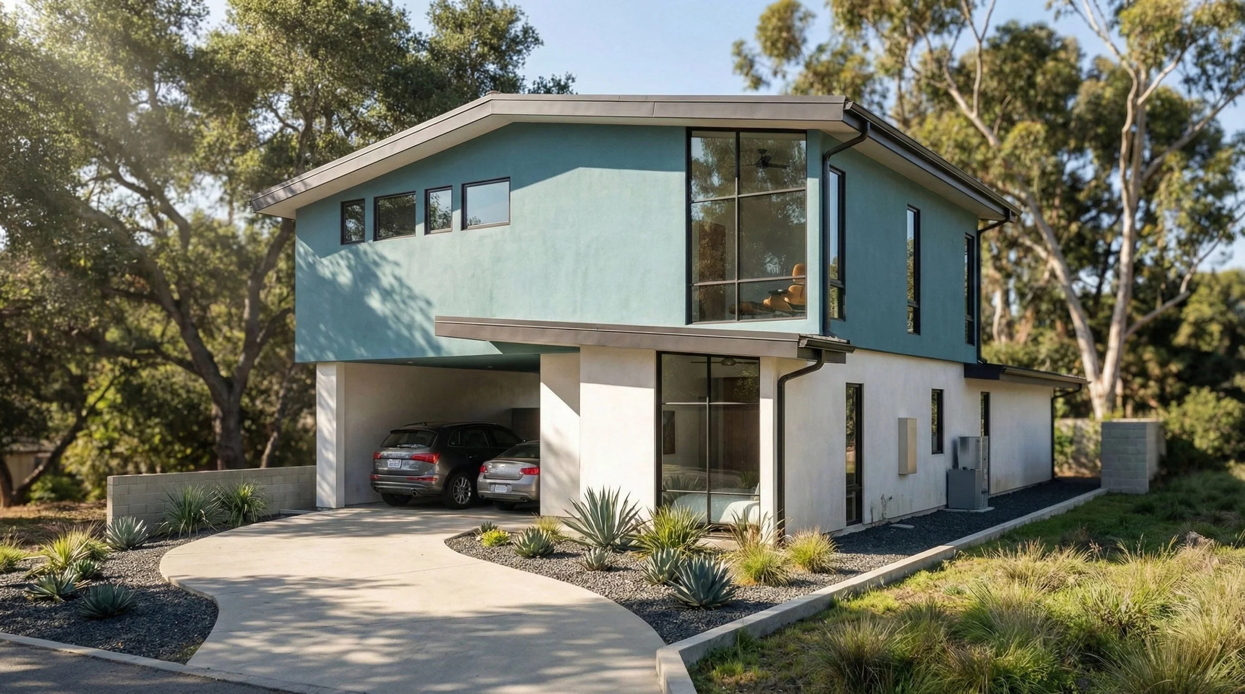 Modern two-story house, Altadena fire rebuild, surrounded by native planting.