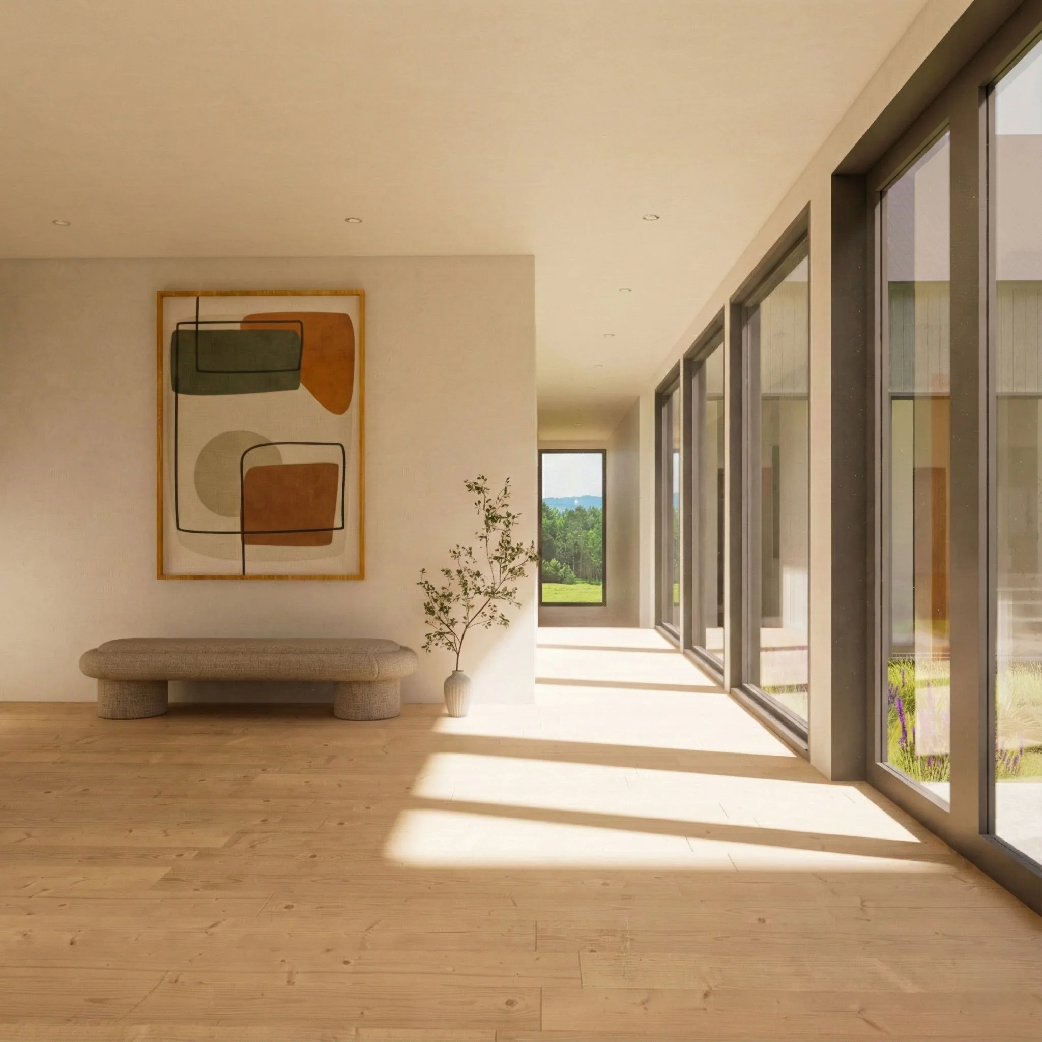 Modern interior with beige upholstered bench, abstract wall art, potted plant, large floor-to-ceiling windows, and sunny scenery outside.
