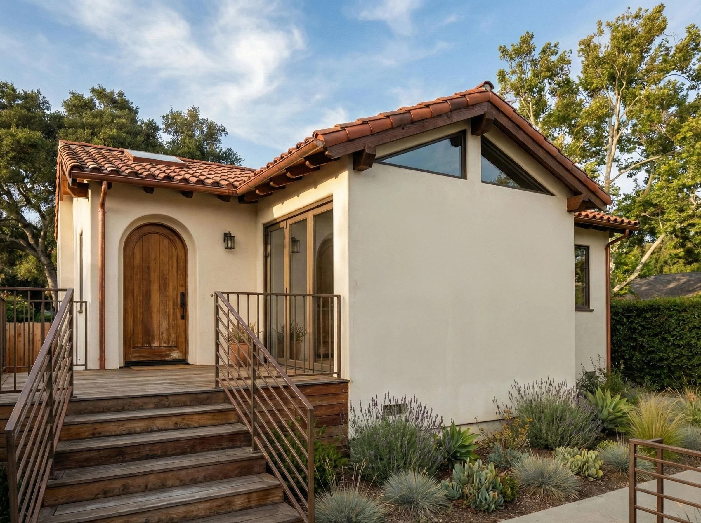 Front view of a modern house with a stucco exterior, brown wooden door, large windows, and a tiled gabled roof, surrounded by desert plants and bushes.