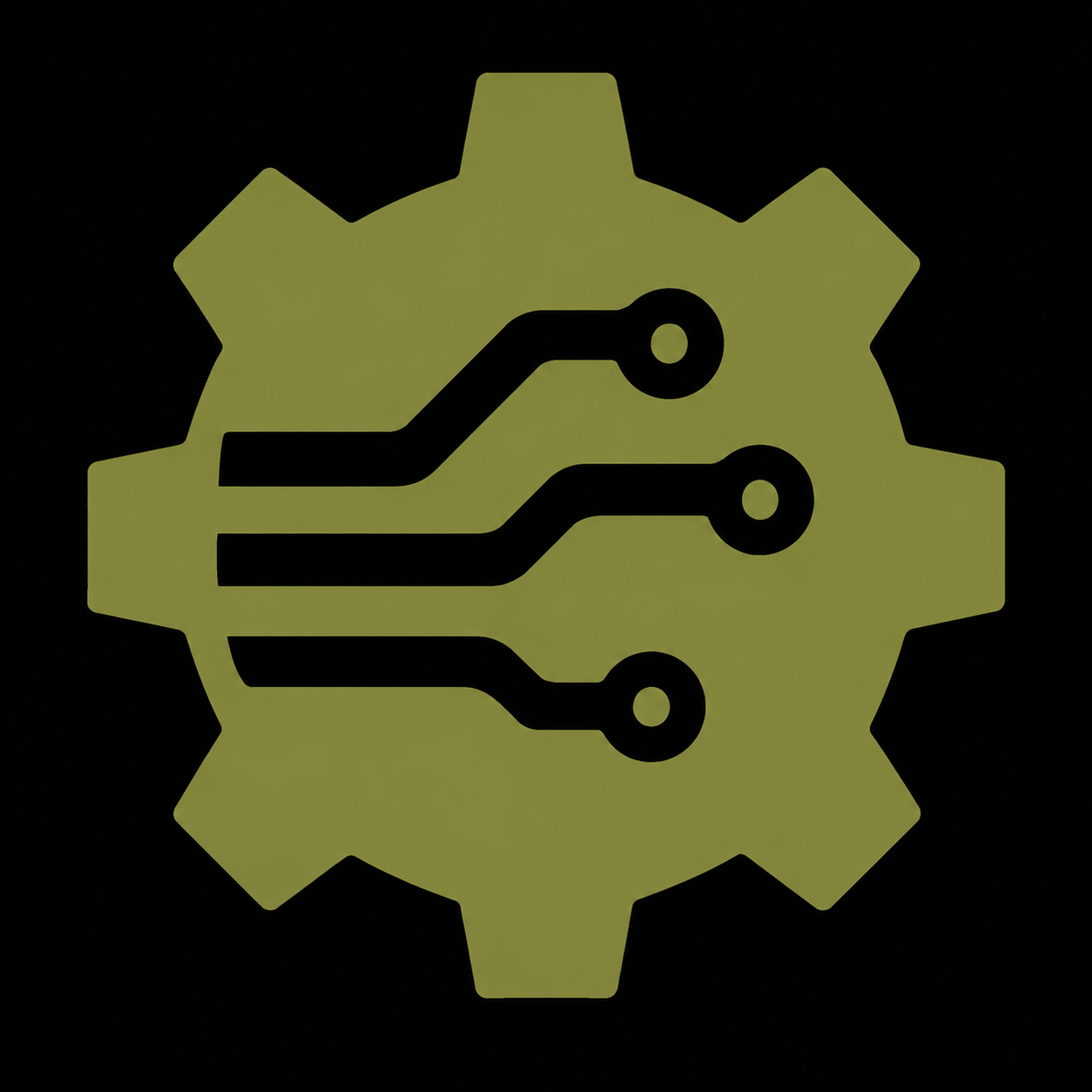 Glow-in-the-dark icon of a gear symbol with circuit lines inside it.