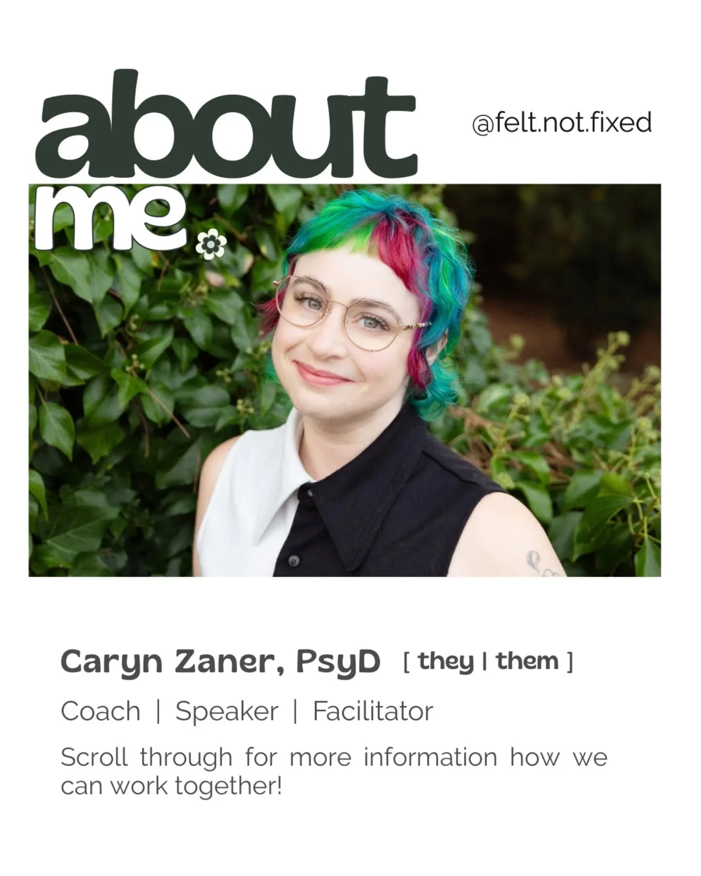 hi, i'm caryn (they/none)! i help people reconnect to themselves, their values, and each other in a world that encourages disconnection.

i work with helpers, creatives, and change-makers through coaching, cohorts, workshops, and speaking&mdash;for f