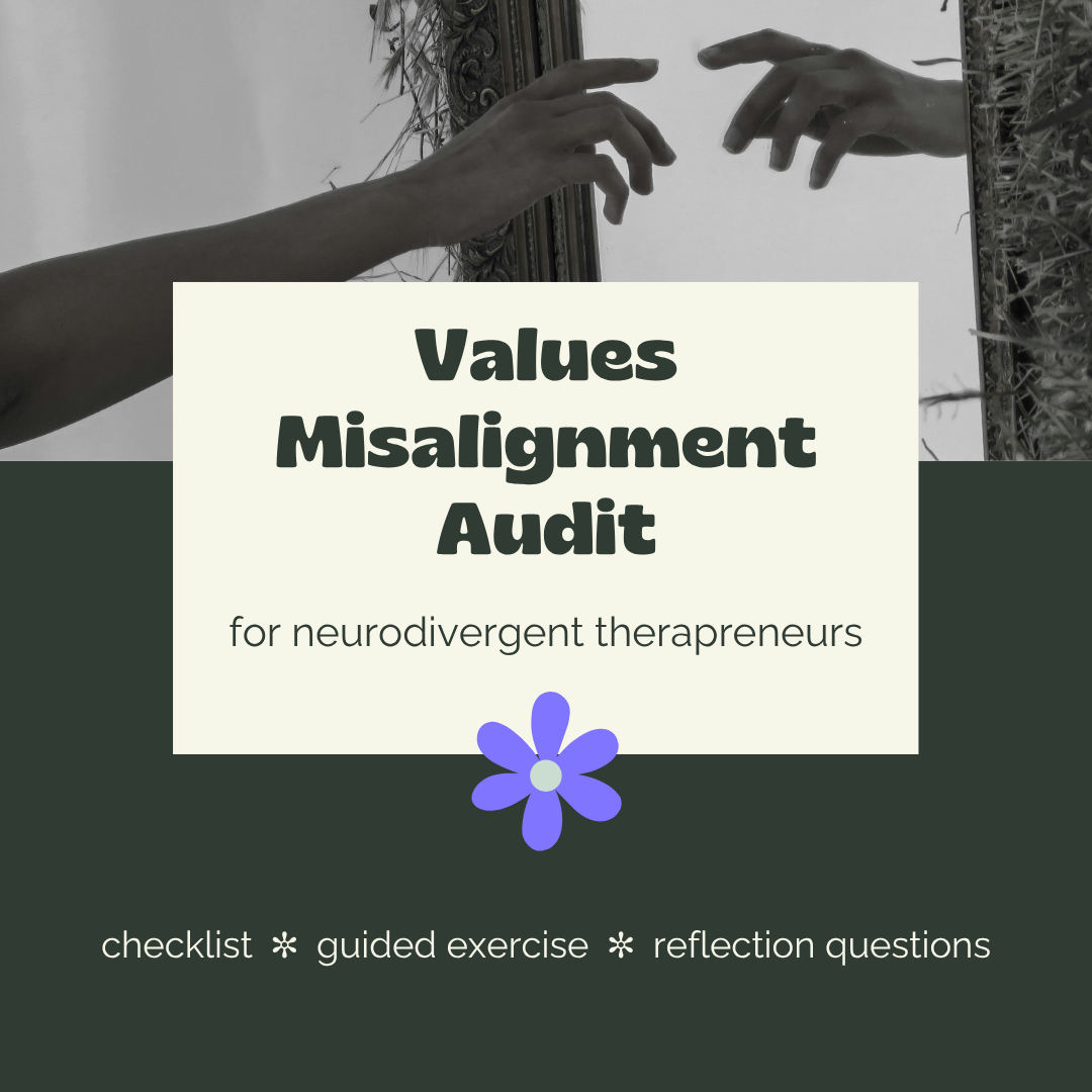 Square promotional graphic for the Values Misalignment Audit for Neurodivergent Therapreneurs. Black and white photo of two hands reaching toward each other reflected in an ornate mirror frame. Cream text block reads: Values Misalignment Audit, for n